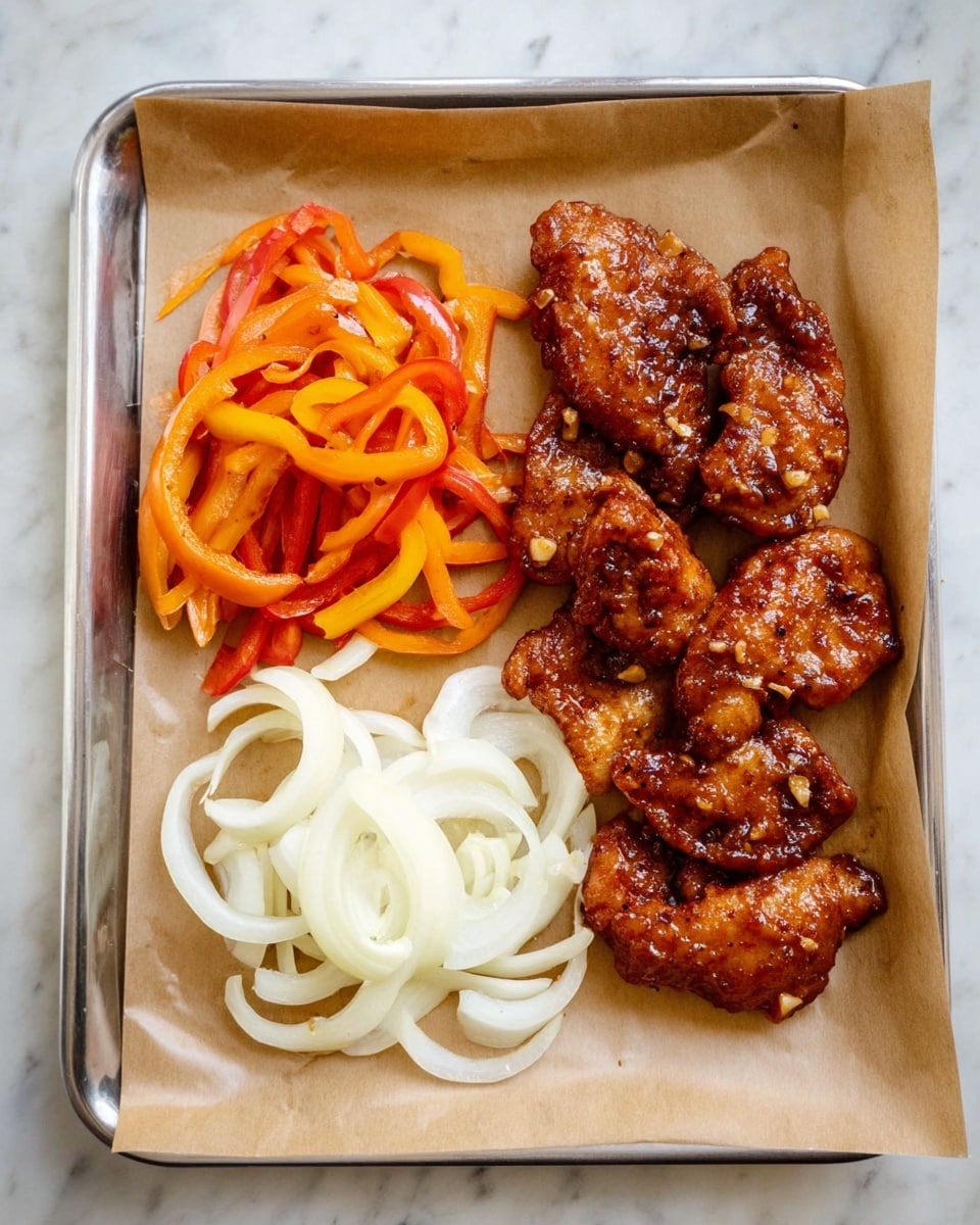 A metal tray lined with brown parchment paper holds three main sections: on the right, six pieces of brown glazed chicken with a shiny texture and bits of garlic or seasoning visible; on the bottom left, a layer of thinly sliced orange and red bell pepper strips; above the peppers, a layer of white onion rings showing clear, curved shapes; all items rest on the paper with no overlap between sections, on a white marbled surface. photo taken with an iphone --ar 4:5 --v 7
