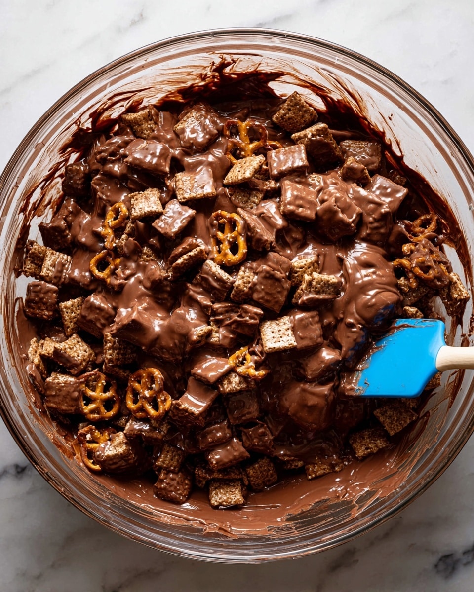 A clear glass bowl filled with a thick mix of small square cereal pieces and pretzels all covered in smooth, shiny chocolate. The cereal and pretzels cluster together, forming one thick layer throughout the bowl, with some chocolate spread unevenly on the bowl’s inside edge. A blue spatula is partially dipped into the mix at the bottom center, coated in chocolate as well. The bowl is placed on a white marbled surface. photo taken with an iphone --ar 4:5 --v 7