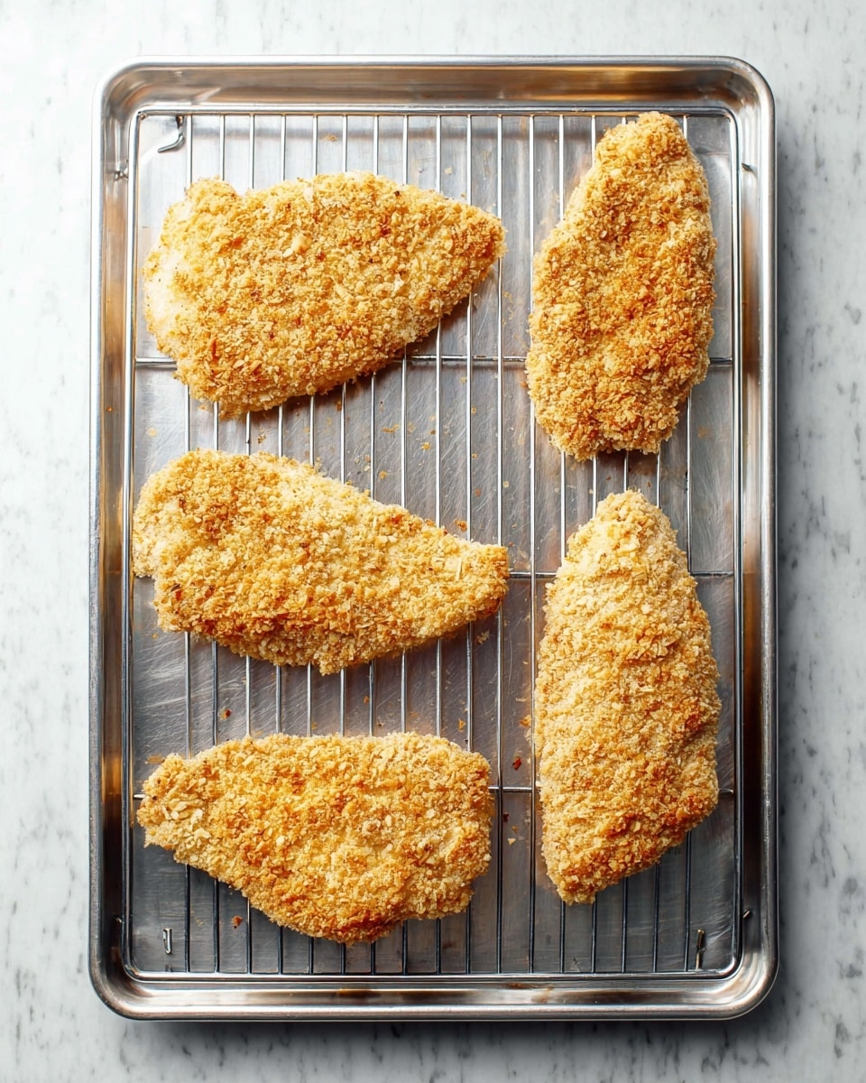 Five pieces of breaded chicken are evenly spaced on a silver metal wire rack placed on a silver baking tray. The chicken pieces have a light golden brown crumb coating with a slightly rough texture, showing small crumbs and an uneven surface. The tray is set on a white marbled surface, giving a clean and bright background. The image is shot from above, capturing all the textures and colors clearly. Photo taken with an iphone --ar 4:5 --v 7