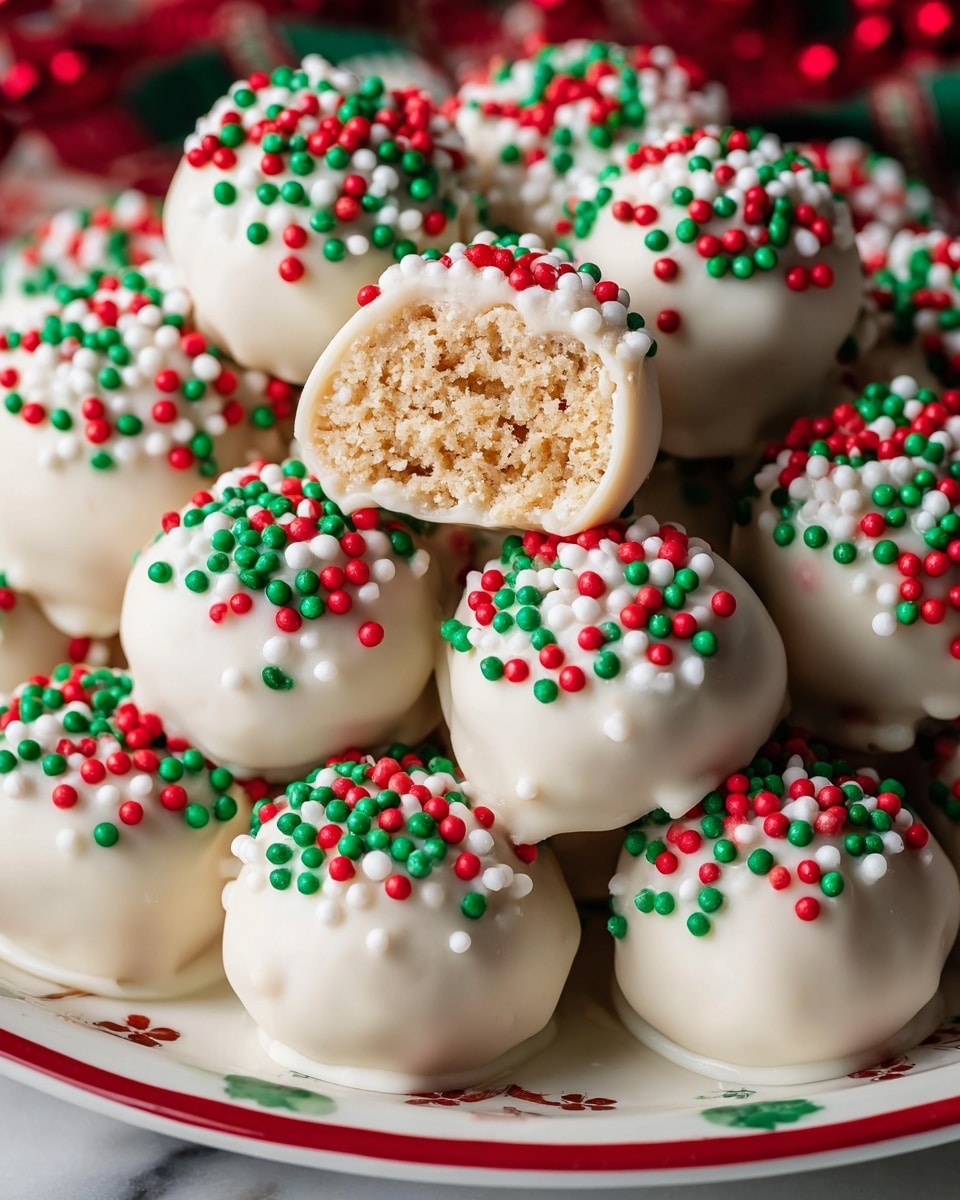 The image shows many small round treats covered in smooth white coating. Each treat is decorated on top with tiny red, green, and white round sprinkles. One treat is open, showing a light beige, crunchy inside with a crispy texture. The treats are placed closely together on a white plate, which has a red and green rim. The background is a white marbled surface. photo taken with an iphone --ar 4:5 --v 7
