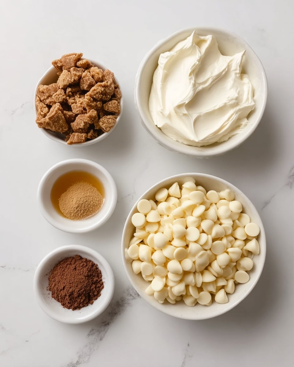 The image shows five small white bowls arranged on a white marbled surface, each filled with different ingredients. The top left bowl contains light brown crumbled pieces that look dry and rough textured. The top right bowl holds smooth, thick white cream with soft peaks. Below these, a large white bowl filled with many small, round, off-white chocolate chips sits on the right side. On the left side, there are two very small white bowls; the first at the bottom holds a golden liquid while the second above it contains a fine dark brown powder. Next to it is another very small white bowl filled with a lighter brown powder with a slightly uneven texture. The bowls are neatly spaced and the whole composition looks clean and bright. photo taken with an iphone --ar 4:5 --v 7