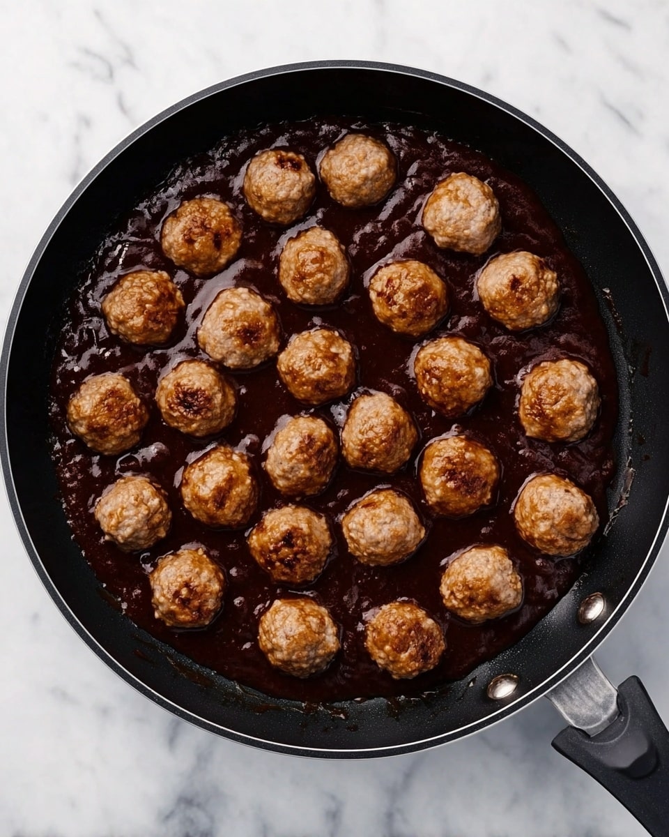 A black pan is filled with a thick dark brown sauce spread evenly at the bottom, covering the entire base. On top, there are twenty-four small round meatballs, arranged in neat rows covering the sauce fully. Each meatball is light brown with a slightly rough, cooked texture, showing grill marks on some of them. The pan is placed on a white marbled surface. photo taken with an iphone --ar 4:5 --v 7