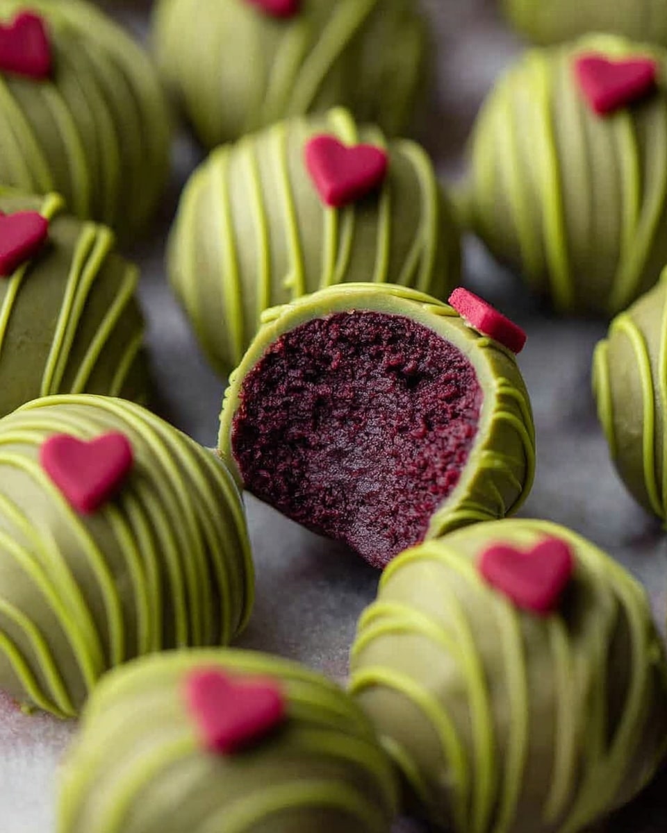 The image shows several round truffles with a green outer layer decorated with thin green lines. Each truffle has a small red heart on top. One truffle in the center is split in half, showing a dark purple, dense inside and the green coating wrapping around it. The truffles are placed close together on a white marbled surface. photo taken with an iphone --ar 4:5 --v 7