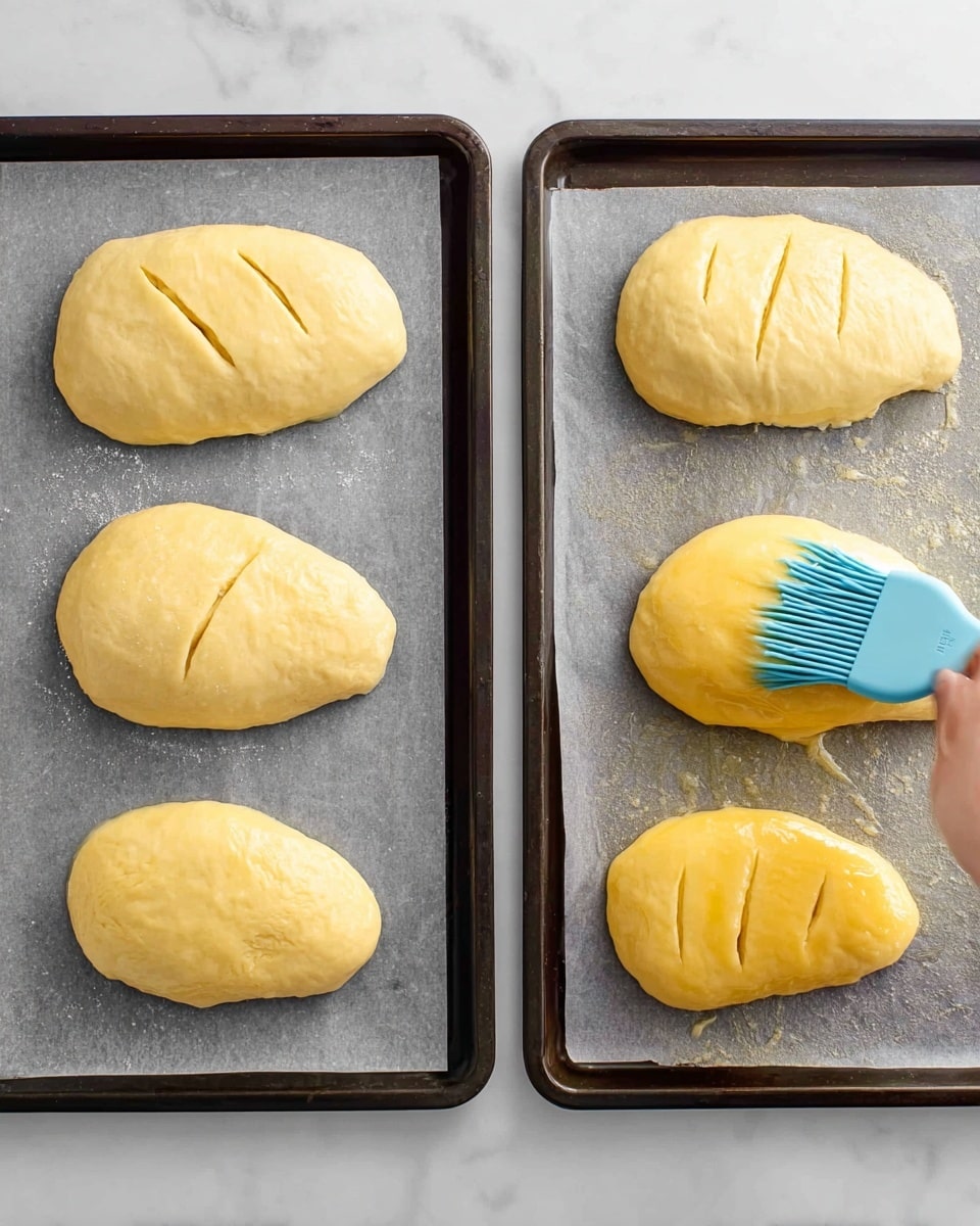 Four raw dough pieces shaped like large, smooth ovals with slight irregular edges sit spaced apart on a dark baking tray lined with parchment paper, each piece showing light yellow pale dough. Next to this, the same four dough pieces on a similar baking tray are brushed with a yellow glossy egg wash, giving them a shiny and smooth surface, with three shallow cuts on each piece. A woman's hand holds a light blue silicone brush, gently applying the egg wash on one of the dough pieces. The background surface is white marble textured. Photo taken with an iphone --ar 4:5 --v 7