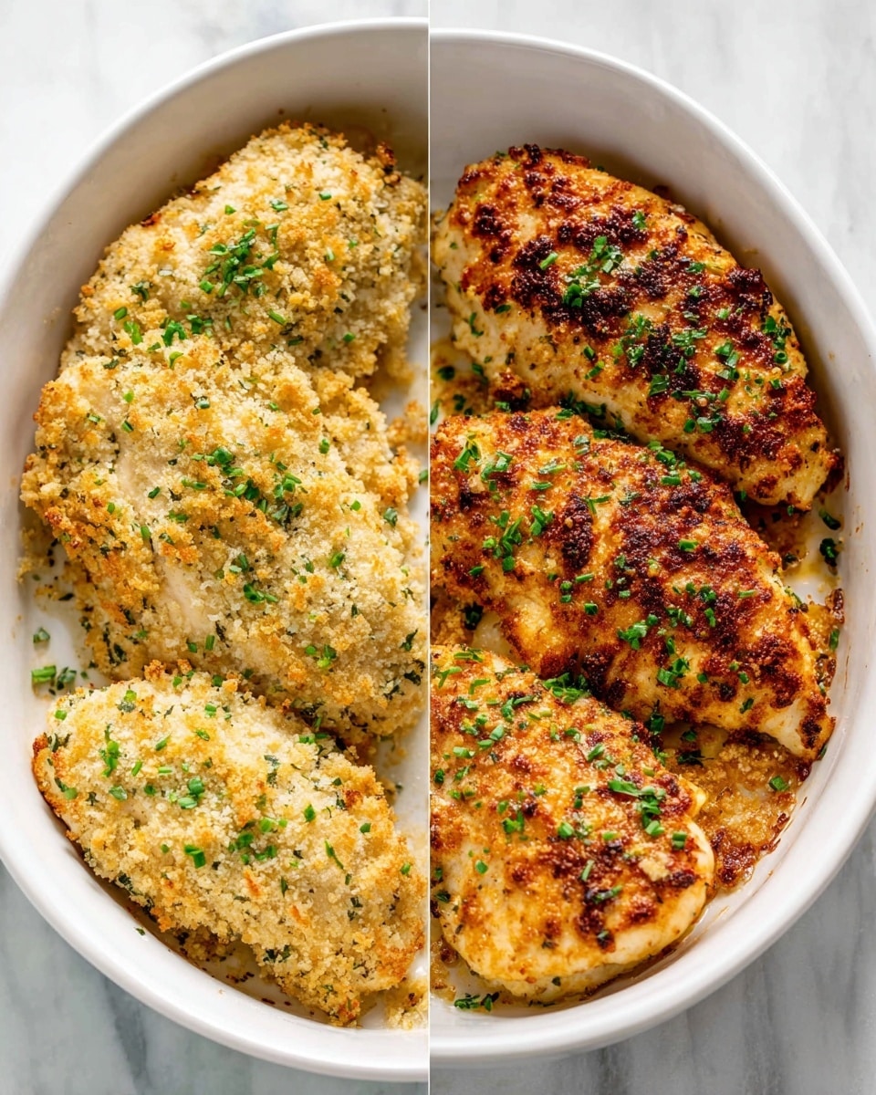 The image shows a white oval dish with three breaded chicken pieces on the left side, coated in a light beige crumb mixture with visible herbs. On the right side, the same dish holds the cooked chicken, now golden brown with darker brown crispy spots and small green herb bits sprinkled on top. The dish is placed on a white marbled surface. Photo taken with an iphone --ar 4:5 --v 7