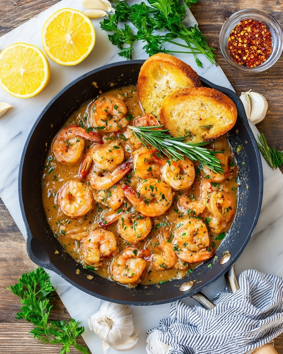 A black skillet sits on a white marbled surface, filled with cooked shrimp covered in a light brown sauce with visible herbs and garlic bits. The shrimp are pink-orange with curled tails, spread evenly across the skillet's surface. On the right side, two toasted golden brown bread pieces rest on top of the shrimp, accompanied by a sprig of fresh green rosemary. Two lemon wedges with a bright yellow color are placed on the left side of the skillet. Around the skillet, fresh green parsley sprigs, whole garlic cloves, and lemon slices are scattered on the wooden table. A small clear bowl of red chili flakes is visible near the top right corner. A folded striped cloth is tucked under the skillet handle. Photo taken with an iphone --ar 4:5 --v 7