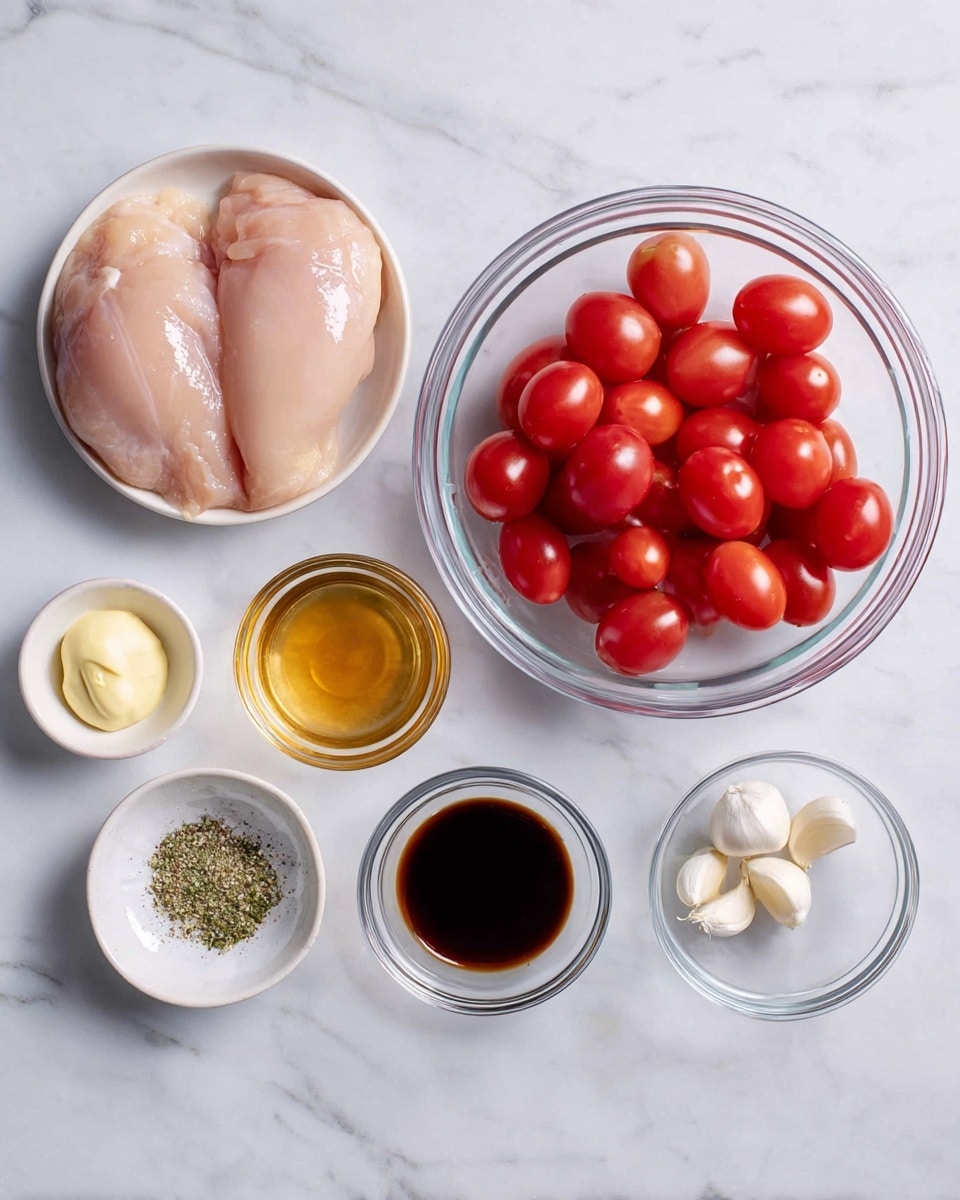 The image shows several glass bowls arranged on a white marbled surface. The largest bowl on the left holds three smooth, pale pink raw chicken pieces. Above it, a big bowl is filled with shiny, round red cherry tomatoes. To the right of the tomatoes, a smaller bowl contains a light amber liquid. Below this bowl is another small one filled with dark soy sauce. On the far left, a tiny bowl holds a dollop of creamy yellow mustard. Near the center bottom, a small white bowl contains a mix of ground black pepper, salt, and dried green herbs. Finally, on the bottom right, a small clear bowl holds three peeled garlic cloves. The arrangement is neat and clean, with each bowl showing clear textures and colors, photo taken with an iphone --ar 4:5 --v 7