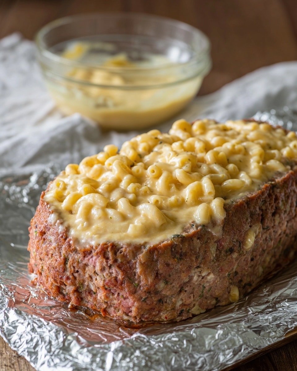 The image shows a large oval-shaped meatloaf with a rough texture and a brownish exterior, sitting on a piece of aluminum foil. Inside the meatloaf, there is a thick layer of creamy macaroni and cheese, with small curved pasta pieces covered in a smooth, light yellow cheese sauce. In the background, there is a glass bowl with leftover cheese sauce and a white cloth on a wood surface. The overall setting has a cozy and rustic feel. photo taken with an iphone --ar 4:5 --v 7