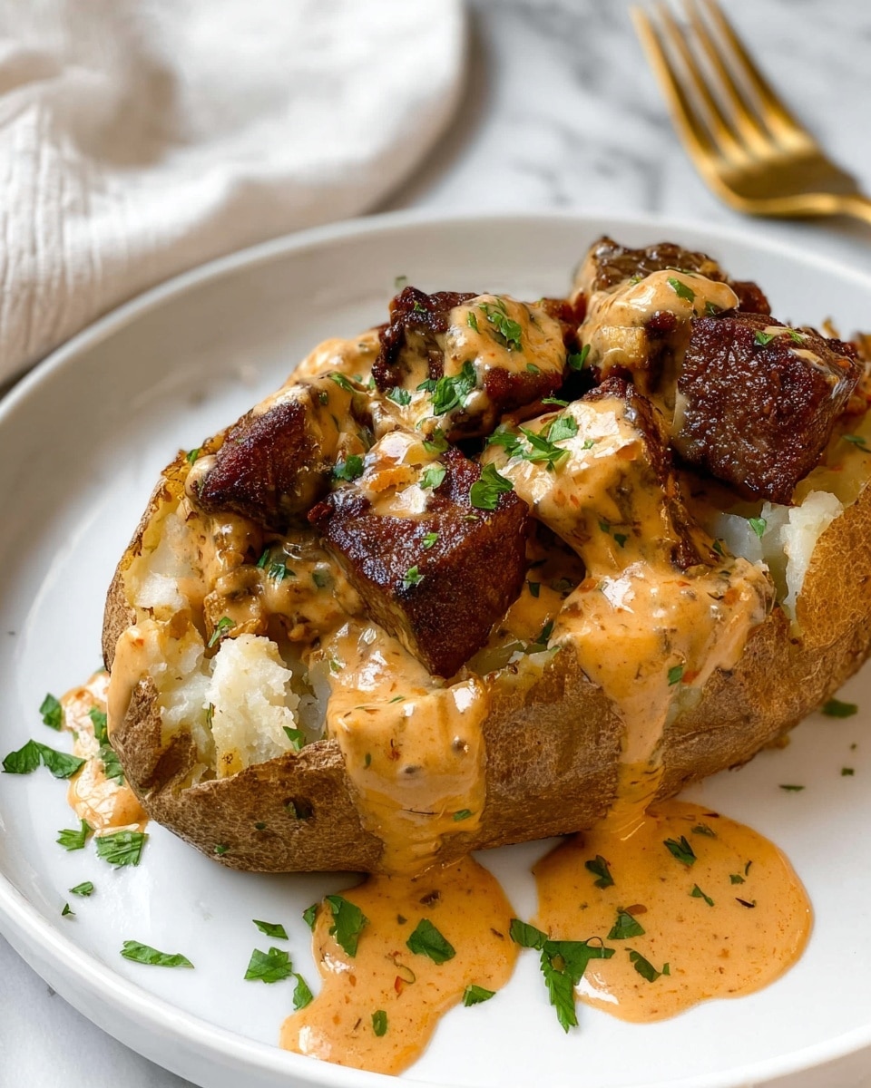 A white plate holds a baked potato with a browned, crispy skin that is partially peeled back to show the soft, fluffy, white inside. On top of the potato are several chunks of dark brown, seared meat pieces covered in a thick, creamy orange sauce with green herbs mixed in. More of the sauce is drizzled around the potato on the plate. Small bright green chopped parsley is sprinkled on top for color. The plate sits on a white marbled surface with a white cloth and a gold fork in the background. Photo taken with an iphone --ar 4:5 --v 7