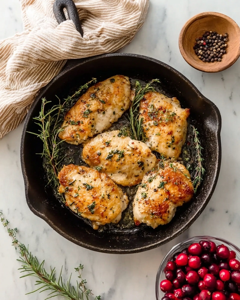 The image shows a black cast iron skillet with five pieces of cooked chicken placed inside, each piece golden brown with a slightly crisp texture and sprinkled with fresh green herbs like rosemary and thyme. The skillet sits on a white marbled surface, next to a small wooden bowl filled with whole peppercorns in different colors. Below the skillet, there is a clear glass bowl full of bright red cranberries. A striped beige cloth is draped casually near the upper left side of the skillet. Photo taken with an iphone --ar 4:5 --v 7