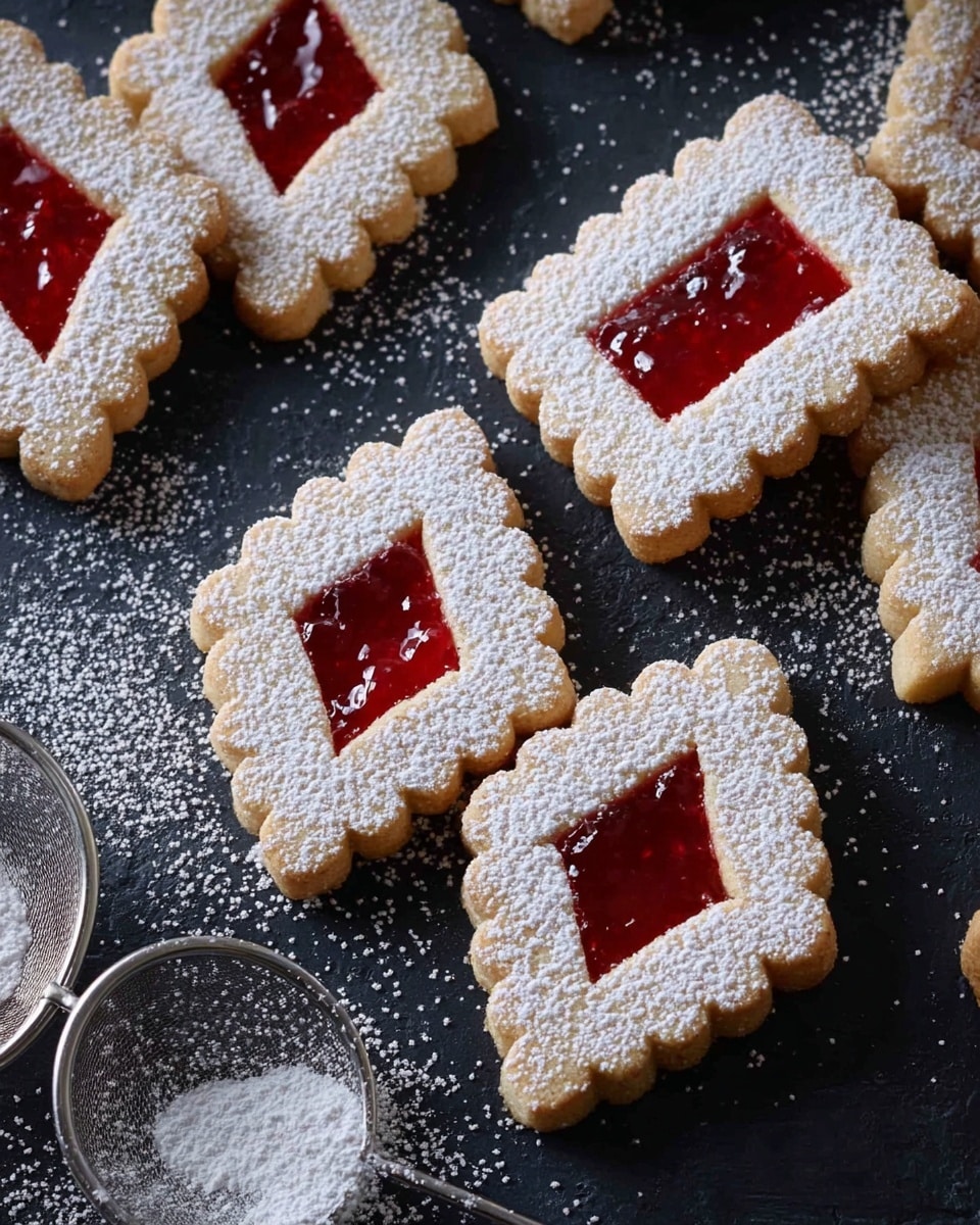 The image shows several diamond-shaped cookies arranged on a dark surface with a dusting of white powdered sugar over them. Each cookie has two layers: a light golden-brown bottom layer and a top layer with a diamond-shaped cutout in the center, revealing a bright red jam filling. The top cookie layers are evenly sprinkled with powdered sugar, giving a soft, snowy look. A round metal sieve filled with powdered sugar is placed in the lower left corner, with some sugar spilled beside it. The background and surface are changed to a white marbled texture. photo taken with an iphone --ar 4:5 --v 7