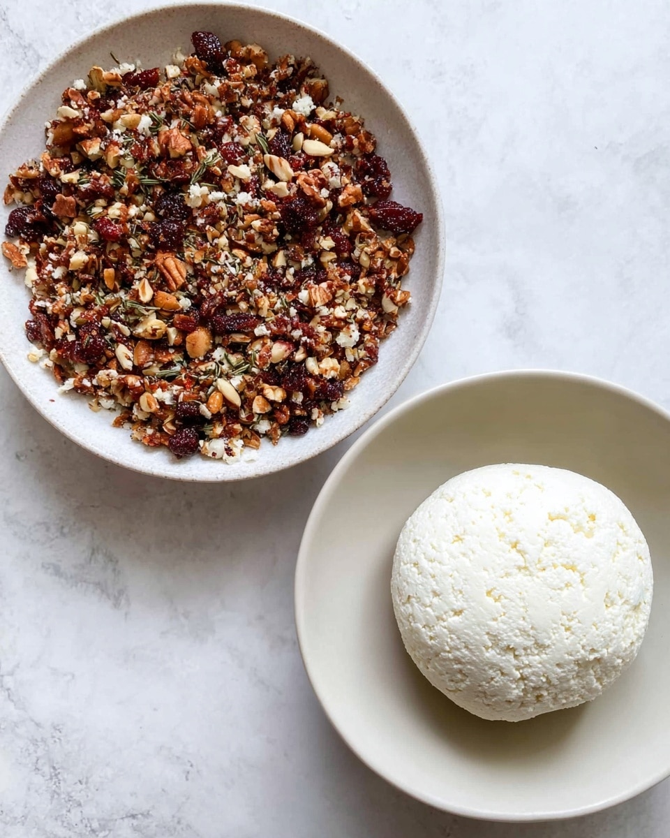 The image shows two white bowls on a white marbled surface. The bowl on the left is filled with a mix of finely chopped nuts and dried red fruits evenly spread across the whole bowl, showing a rough texture with bits of brown, white, and deep red colors. The bowl on the right holds a smooth, round white cheese ball with a slightly crumbly texture resting in the center. The surface and bowls are clean, highlighting the contrast between the rough nut mixture and soft cheese ball. Photo taken with an iphone --ar 4:5 --v 7