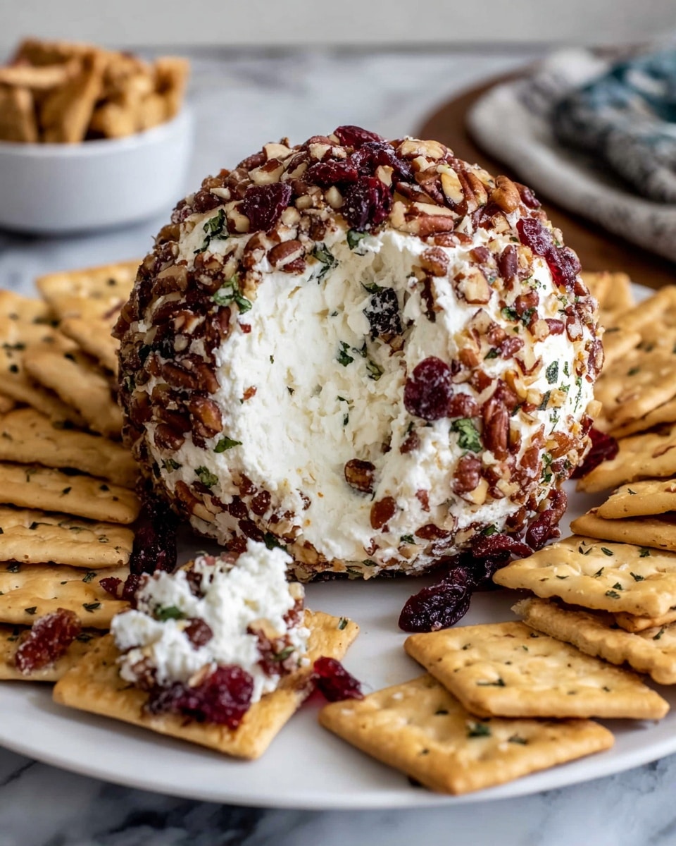 A round cheese ball with a creamy white inside and a rough outer layer covered in chopped pecans, dried cranberries, and green herbs sits on a white plate. The cheese ball has a small scoop taken out from the front, showing soft smooth cheese inside. Around the cheese ball are tan crackers with small dark seeds, some with bits of the cheese ball on them. One cracker in the front holds a portion of the cheese ball topping, showing the nuts and dried fruit clearly. The background features a white marbled surface and blurred neutral props. Photo taken with an iphone --ar 4:5 --v 7