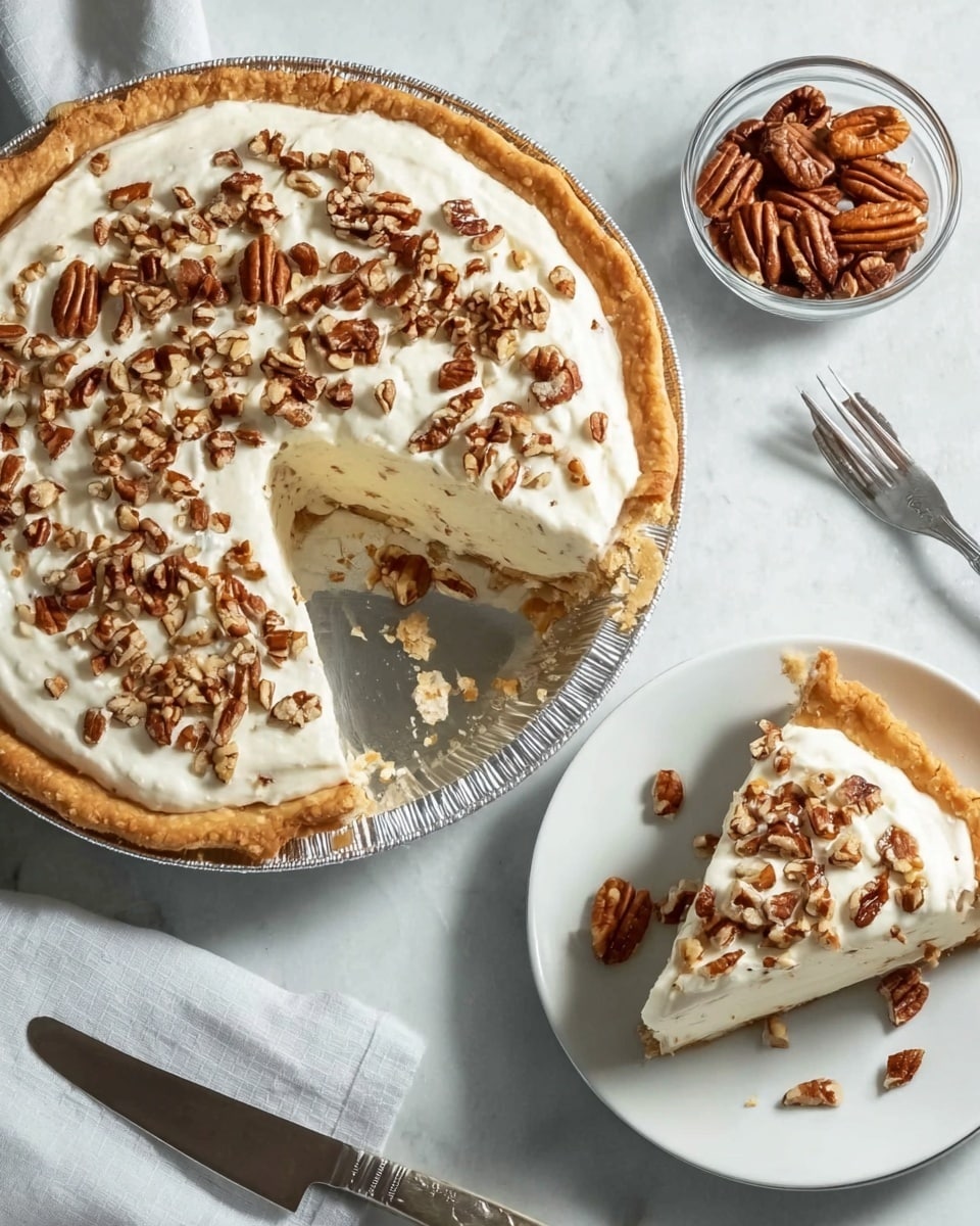 The image shows a pie with a flaky, golden crust in a silver pie dish. The pie has two main layers: a creamy, white top layer that looks smooth and thick, topped with chopped pecans scattered evenly across the surface. One slice is removed from the pie and placed on a white plate nearby, showing the same two layers with the crust at the bottom, the creamy white layer on top, and pecans sprinkled on the cream. There is a small glass bowl filled with whole pecans next to the plate, along with a knife and fork on a white marbled surface. The scene looks bright and clean, photo taken with an iphone --ar 4:5 --v 7