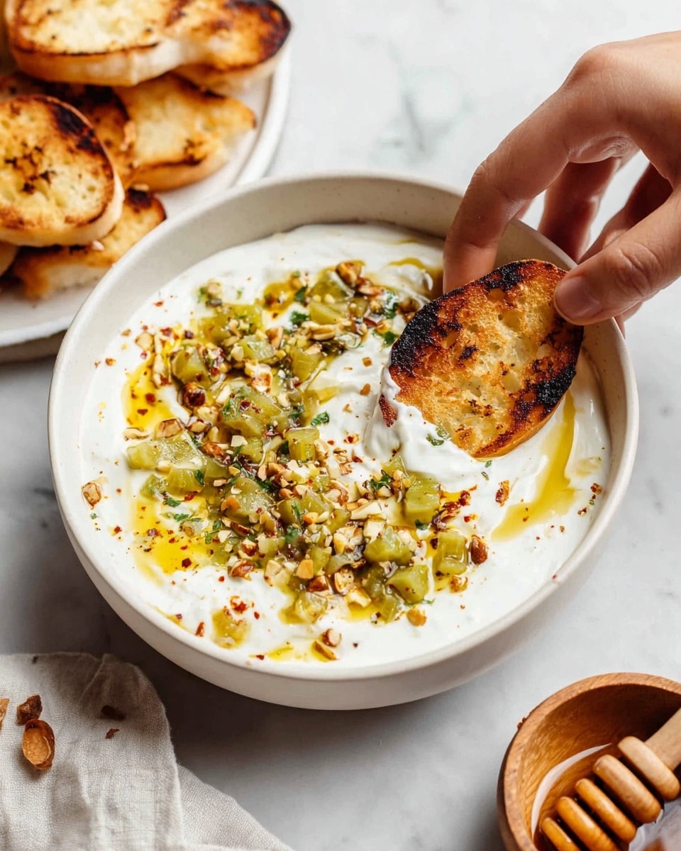 A white bowl filled with creamy white yogurt topped with greenish-yellow chopped pickles and scattered light brown nuts, with a drizzle of golden olive oil and small red chili flakes sprinkled all over. A toasted round bread piece, golden brown with some dark spots, is being dipped into the yogurt mix by a woman's hand. The bowl is placed on a white marbled surface next to a small wooden bowl holding honey with a honey dipper inside and a white plate holding more toasted bread pieces visible on the side. photo taken with an iphone --ar 4:5 --v 7