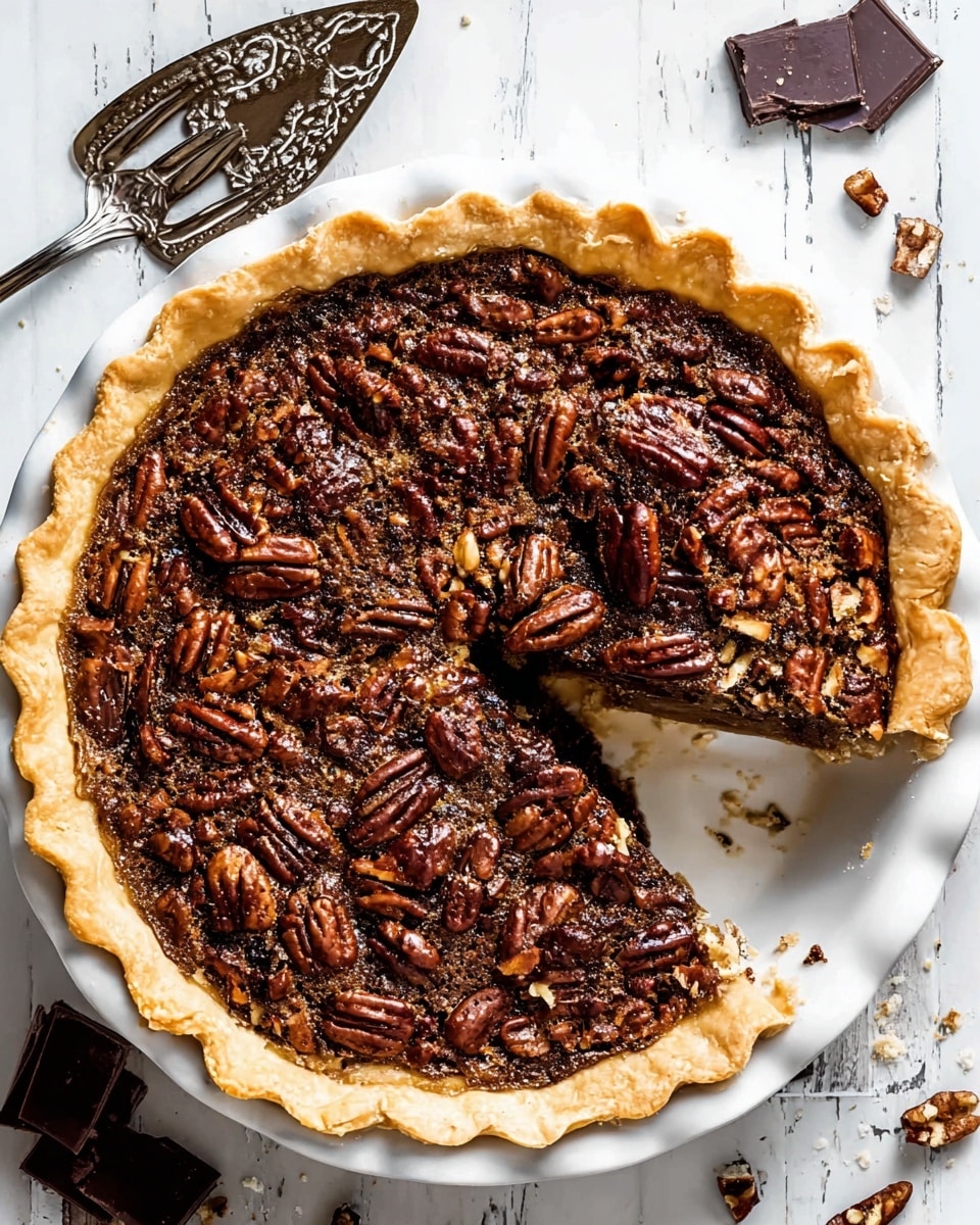 A pecan pie with a golden, flaky crust edged in a soft, wavy pattern, filled with a rich, dark brown, slightly shiny filling densely packed with whole and halved pecans on top, arranged unevenly, creating a textured surface. One slice is removed and slightly lifted, showing the thick filling inside. The pie is placed in a white pie dish resting on a white marbled surface scattered with chocolate pieces. A vintage metal pie server lies next to the pie photo taken with an iphone --ar 4:5 --v 7