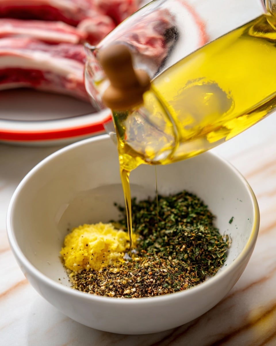 A close-up shot shows a white bowl with three distinct piles inside: a yellow paste on the bottom left, black pepper in the middle, and green herbs on the right. A glass container with a wooden handle pours golden-yellow oil over the ingredients, creating a stream captured mid-pour. In the blurred background on a white marbled surface, raw ribs with a red hue sit on a white plate with a red rim. The photo taken with an iphone --ar 4:5 --v 7