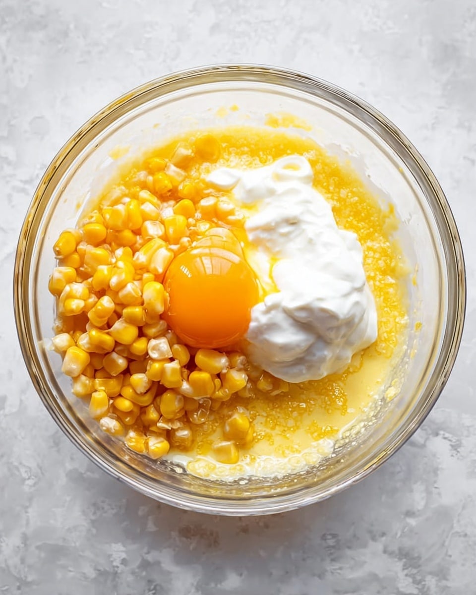 A clear glass bowl sits on a white marbled surface, filled with a mix of ingredients in distinct layers. At the bottom is a yellow liquid base with a slightly textured look, topped by shiny whole yellow corn kernels scattered mostly on one side. Next to the corn is a smooth white dollop of thick cream. A single raw egg yolk with a glossy surface rests near the corn, creating a bright focal point with its rich orange-yellow color. The clear glass bowl shows the mixture inside clearly from above, highlighting each layer and texture. photo taken with an iphone --ar 4:5 --v 7
