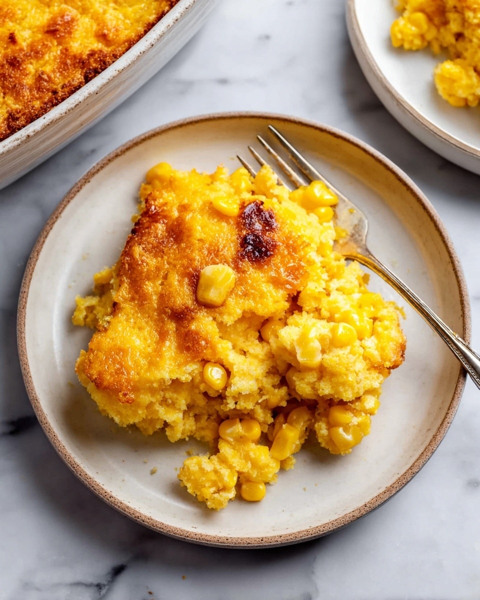 The image shows a white round plate with a serving of corn casserole that has a slightly crumbly texture. The casserole has a warm yellow color with golden brown crispy spots on top and throughout, indicating baked edges. The dish includes visible corn kernels mixed into the soft, moist interior. A silver fork rests on the right edge of the plate. The plate sits on a white marbled surface with part of the casserole dish visible in the top left corner. photo taken with an iphone --ar 4:5 --v 7