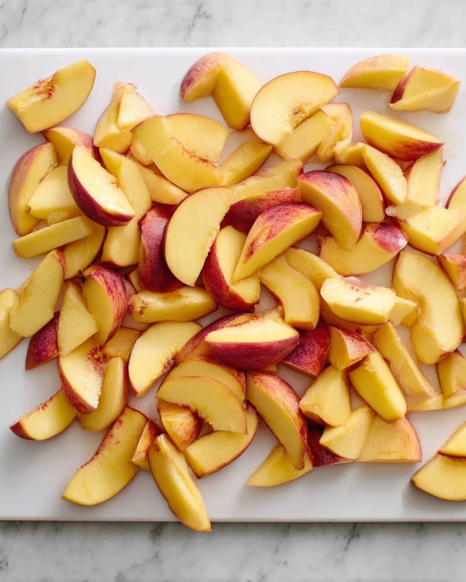 A white cutting board is filled with many sliced peach pieces scattered across it. The peach slices show a mix of yellow flesh with some red and orange skin edges. The slices vary in size and thickness, with a fresh and juicy texture. The board rests on a white marbled surface, adding clean contrast to the colorful fruit photo taken with an iphone --ar 4:5 --v 7