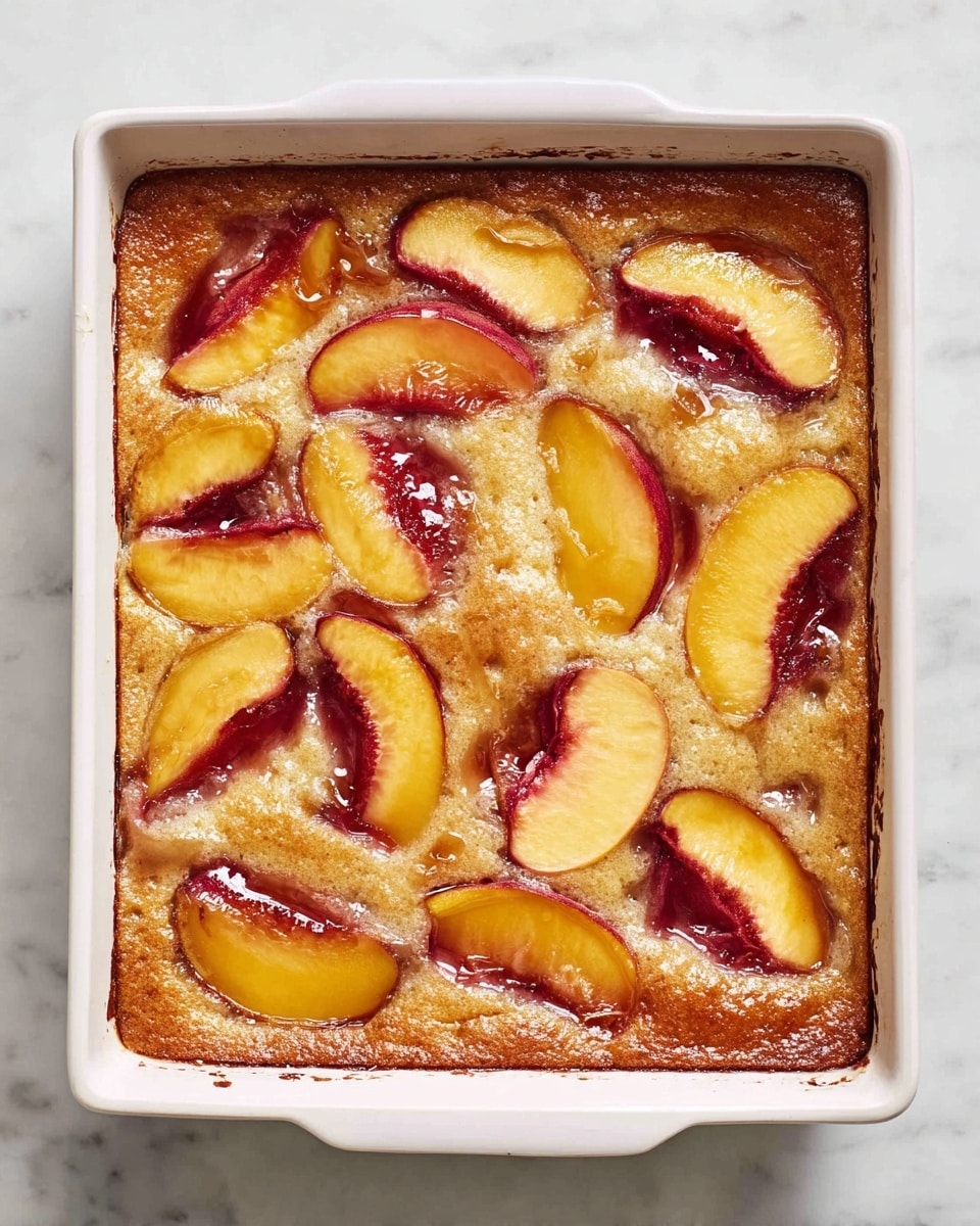 The image shows a baked dish in a white rectangular casserole dish placed on a white marbled surface. The dish has two main layers: the bottom layer is a golden-brown baked batter with a slightly rough texture, and the top layer is arranged with soft, juicy slices of peach in yellow and red hues, some caramelized from baking. The peach slices are unevenly spaced, with some areas slightly sunken into the batter, creating a mix of smooth fruit and bumpy baked dough. The edges of the casserole dish have slight browning, showing where the dish was baked. photo taken with an iphone --ar 4:5 --v 7