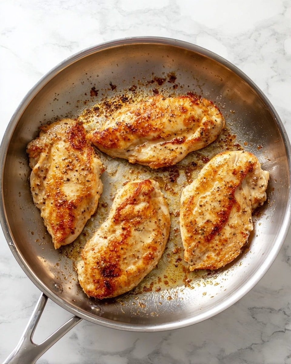 A round silver pan holds four pieces of cooked chicken with a golden brown color and light seasoning on top. The chicken pieces are spread out with some browning marks on the pan's surface around them. The background is a white marbled texture. Photo taken with an iphone --ar 4:5 --v 7