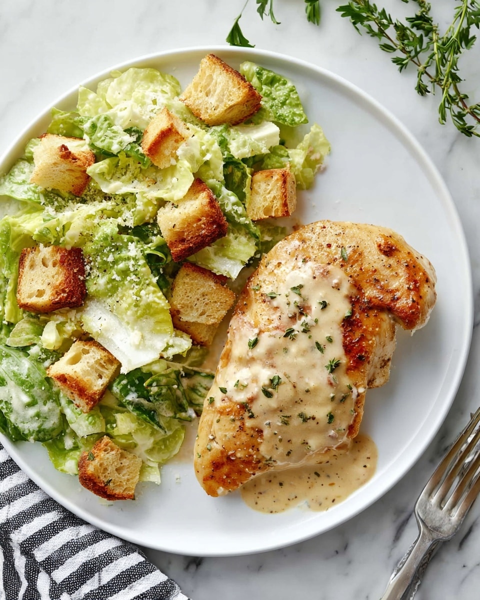 A white plate holds two main parts: on the right, a golden brown cooked piece of chicken with a light creamy sauce poured over it, showing some small herbs sprinkled on top; on the left, a fresh Caesar salad with bright green romaine lettuce and crunchy croutons mixed in, dressed lightly to show a creamy texture; the plate sits on a white marbled surface with a fork and black-and-white striped napkin nearby, and some green herbs slightly visible at the top right corner. photo taken with an iphone --ar 4:5 --v 7