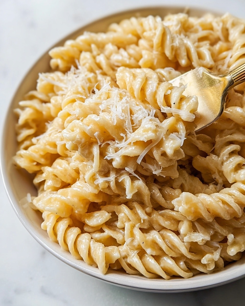 The image shows creamy rotini pasta with a smooth, light golden sauce coating each twisted piece, giving a glossy look. A few small shreds of cheese are sprinkled unevenly on top, adding a slightly rough texture contrast to the soft pasta. A metal spoon with some sauce residue is partially buried in the pasta, lifting a small cluster of rotini in the center. The background and any visible surface have a white marbled texture, making the warm colors of the pasta stand out clearly. photo taken with an iphone --ar 4:5 --v 7