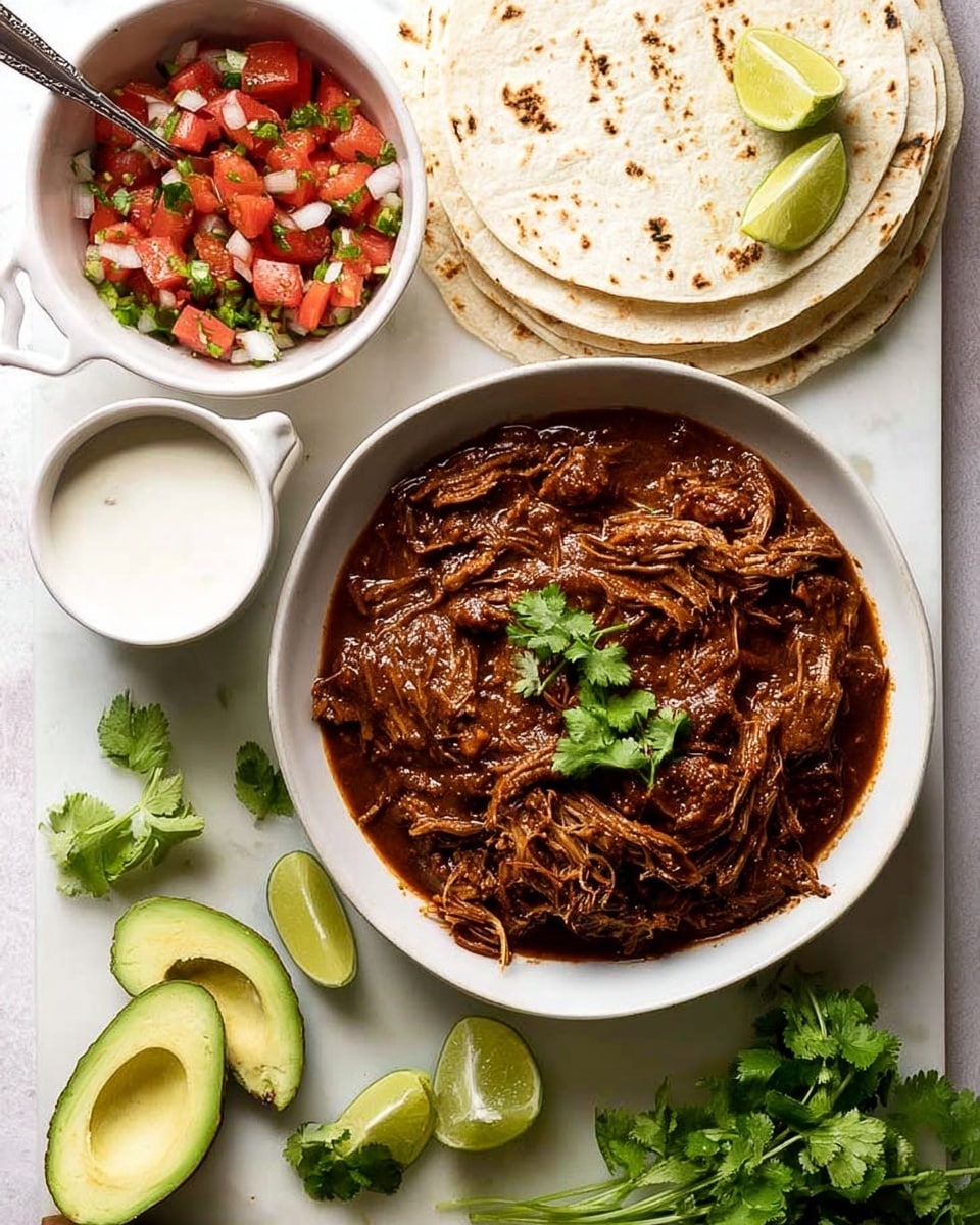 A white bowl filled with dark brown shredded meat in a thick sauce, topped with a few sprigs of fresh green cilantro, is placed on a white marbled surface. Above it, there is a stack of round white tortillas with light brown spots, decorated with small lime wedges on top. To the left side, a white bowl contains a mix of red diced tomatoes, white chopped onions, and chopped green herbs, with a silver spoon inside. Next to it, a small white cup holds a smooth white sauce. In the bottom left corner, two halves of an avocado with bright green flesh and a seed in one half sit on the surface. Scattered fresh sprigs of cilantro and lime wedges are spread around the arrangement. Photo taken with an iphone --ar 4:5 --v 7