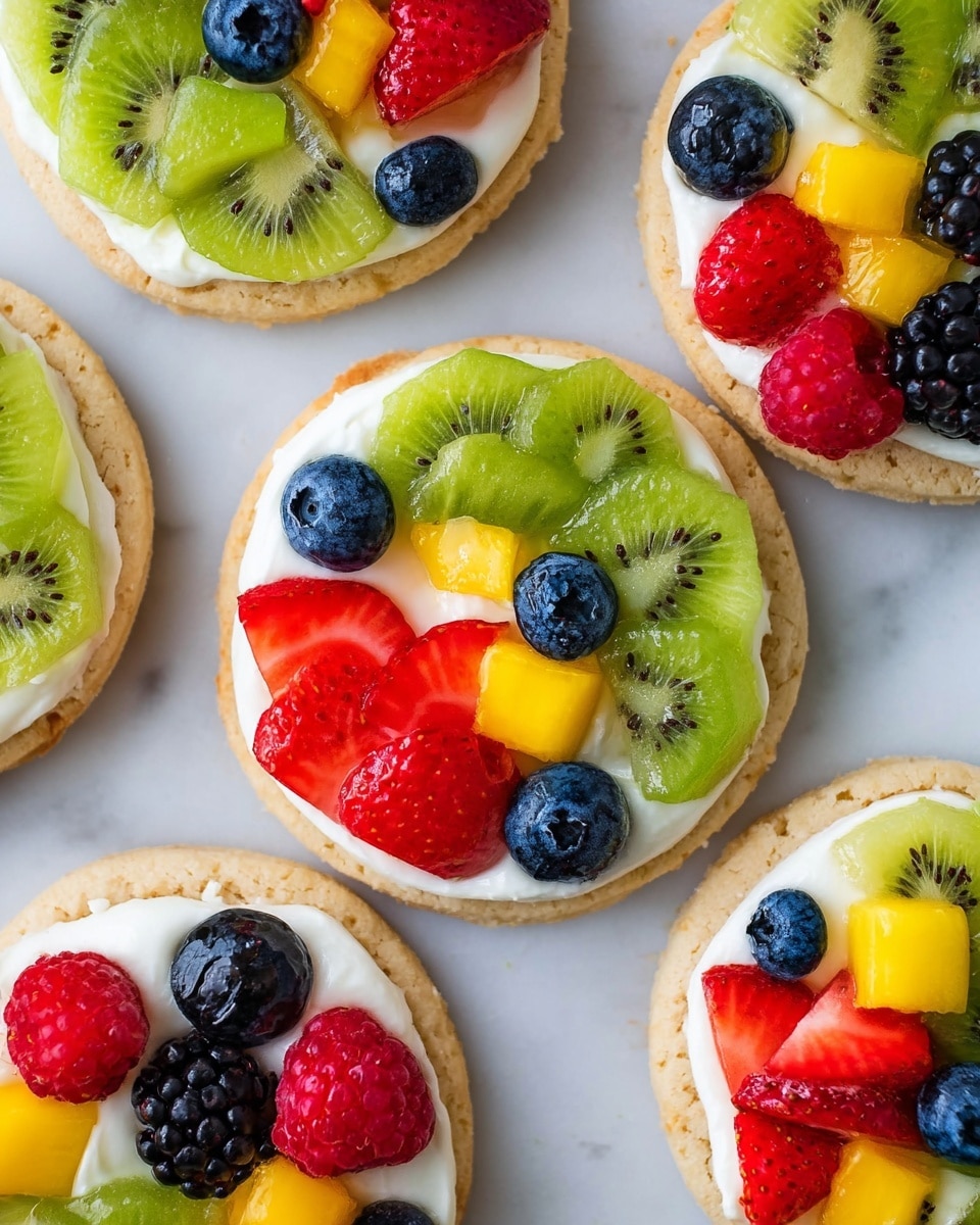 The image shows six round sugar cookies on a white marbled surface. Each cookie has three layers: the base is a light golden-brown cookie, the middle layer is a smooth white cream spread evenly, and the top layer is a mix of colorful fresh fruit pieces arranged neatly. The fruit includes red raspberry and strawberry slices, green kiwi slices, black blackberries, deep blue blueberries, and yellow mango cubes, all positioned on top to create a bright and fresh look. The photo taken with an iphone --ar 4:5 --v 7