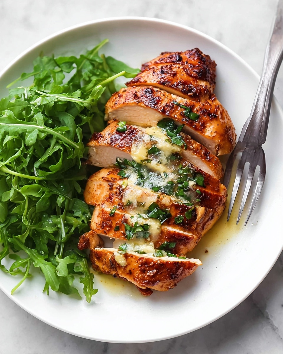 A white plate holds a single cooked chicken piece sliced into five thick strips, showing a brown and crispy outside with a slightly golden inside. On top of the chicken, there is a spread of melted butter mixed with bits of green herbs. On the left side of the plate, fresh green leafy arugula adds bright color, and a silver fork rests on the right edge of the plate. The entire scene is set on a white marbled surface. photo taken with an iphone --ar 4:5 --v 7