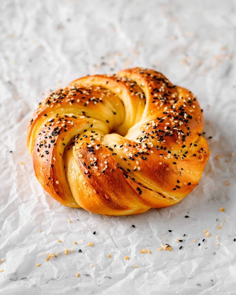 A round twisted bread ring with a golden brown crust shows several layers of soft, flaky dough visible in the twists. The bread is sprinkled with black and white sesame seeds scattered evenly over the top and sides. It sits on a crinkled white paper over a white marbled surface with some loose sesame seeds around it. The texture looks light and tender with a shiny baked finish. photo taken with an iphone --ar 4:5 --v 7