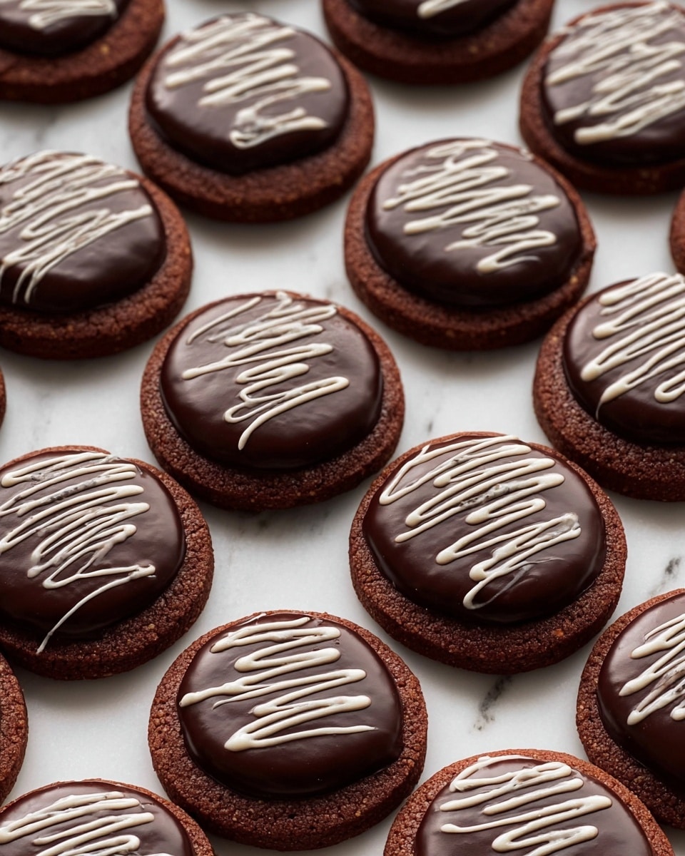 The image shows many round chocolate cookies arranged closely on a white marbled surface. Each cookie has two distinct layers: the base is a rich, dark brown cookie with a slightly rough texture, while the top layer is a smooth, glossy dark chocolate coating that covers the center. On top of the chocolate layer, there is a decorative spiral line made of white icing running diagonally across each cookie. The cookies are evenly spaced and cover the entire frame in a neat pattern. photo taken with an iphone --ar 4:5 --v 7