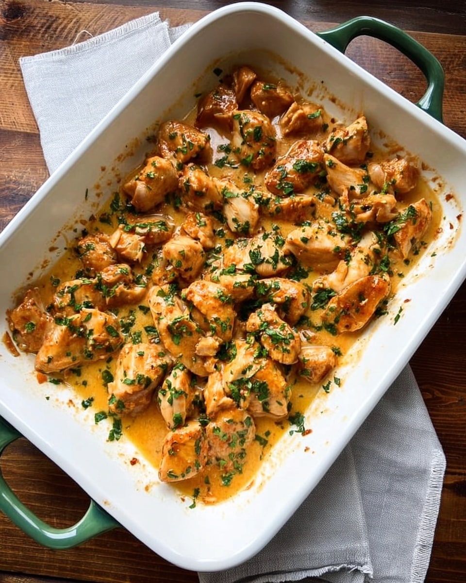 A white rectangular dish with green handles is filled with small, uneven pieces of cooked chicken covered in a light orange sauce and sprinkled with chopped green herbs. The chicken pieces are spread in an irregular layer across the dish, with some sauce pooling at the bottom. The dish is placed on a wooden table with a light gray napkin nearby. photo taken with an iphone --ar 4:5 --v 7