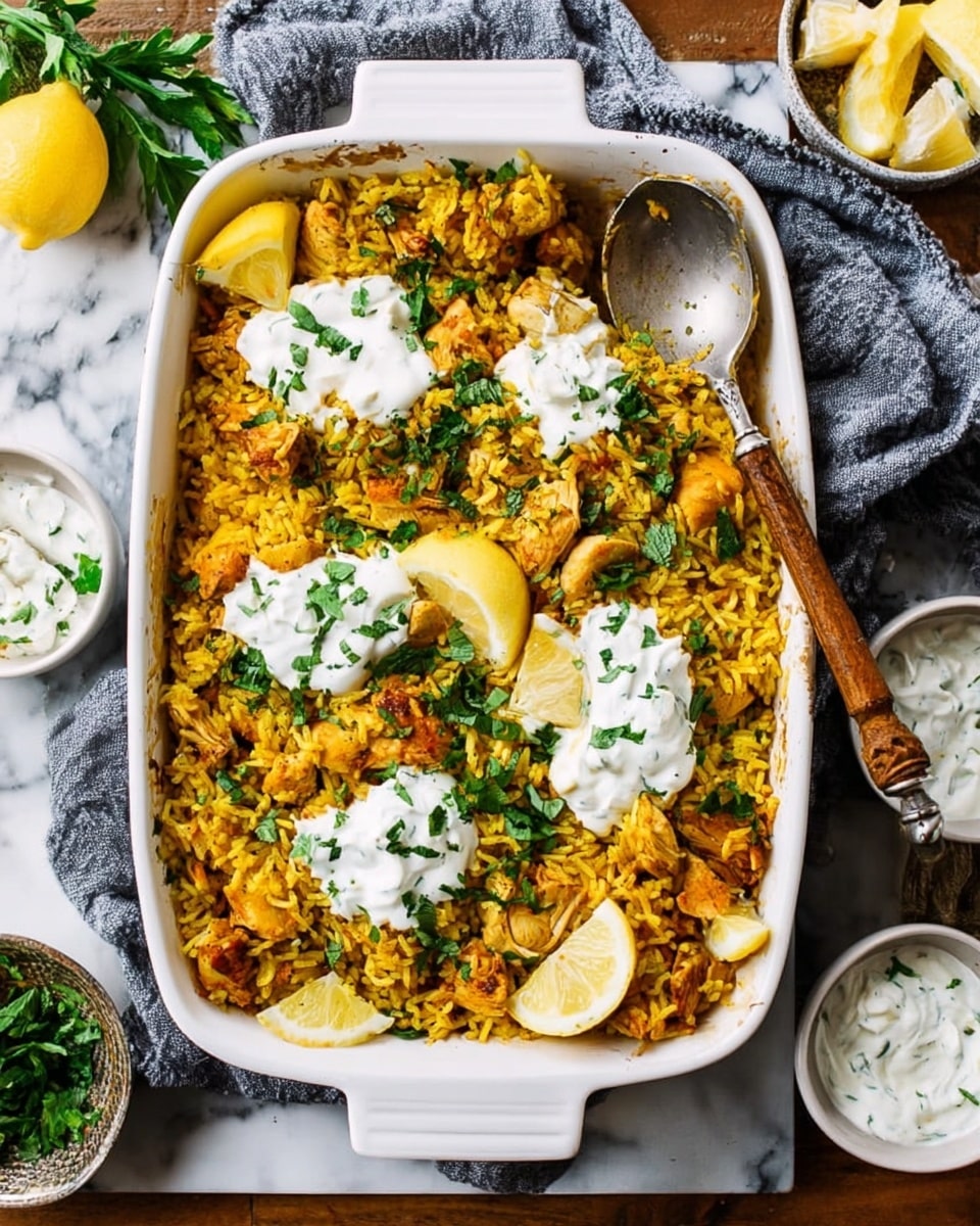 A white rectangular baking dish filled with a layer of yellow rice mixed with small pieces of cooked chicken all over. There are dollops of white creamy sauce placed evenly on top, each with a small lemon wedge next to it. Fresh green herbs are scattered across the rice, adding spots of bright green color. A large spoon with a wooden handle rests inside the dish, partly submerged in the rice. The dish sits on a white marbled surface with a gray cloth napkin draped beside it. Around the dish, there are small white bowls with more creamy sauce and green herbs. photo taken with an iphone --ar 4:5 --v 7