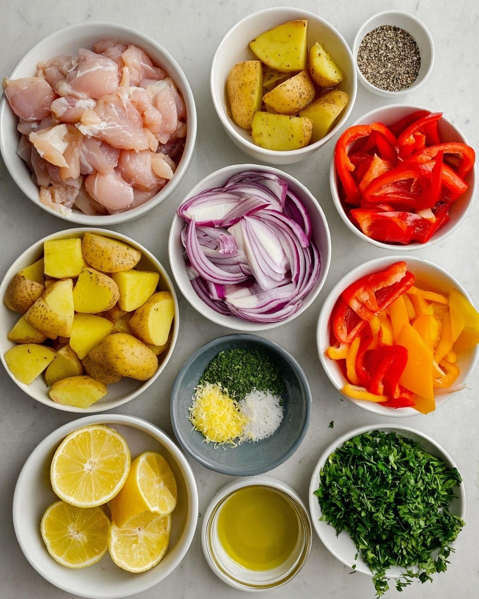 The image shows several white bowls on a white marbled surface, each holding different fresh ingredients. One bowl contains raw, pale pink chicken pieces; another has small yellow potatoes cut into wedges. There are bright red tomato wedges in one bowl, and a mix of red, orange, and yellow bell pepper pieces in another. A bowl of thinly sliced red onions sits near the center, while a small bowl holds green dried herbs. There is a bowl with finely chopped white garlic, and another bowl contains a mix of grated lemon zest. Bright yellow lemon halves are placed in a small gray bowl. Fresh green parsley fills another bowl. A clear glass bowl holds light golden olive oil. A small white bowl has a mix of white and black seasonings. All bowls are neatly arranged, showing fresh, colorful ingredients ready for cooking. Photo taken with an iphone --ar 4:5 --v 7