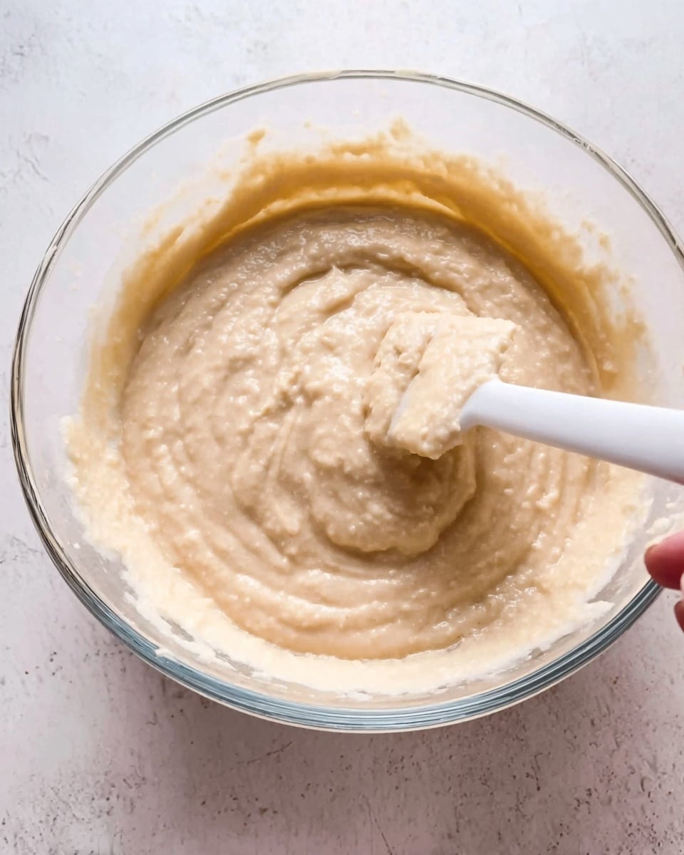 A close-up view of a single, clear glass bowl filled with beige, thick, and smooth batter. A white spatula is lifting some of the batter, which shows a soft, creamy texture with small lumps, swirling gently. The bowl sits on a white marbled surface, with the spatula held by a woman's hand that is mostly out of the frame. The lighting is soft and natural, emphasizing the moist and dense look of the batter. photo taken with an iphone --ar 4:5 --v 7