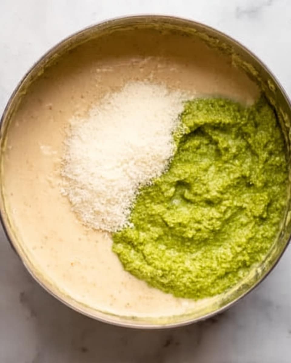 The image shows a close-up of a round pan with three different food layers inside. The bottom layer is a smooth, creamy light beige sauce that fills most of the pan. On top of this sauce, there is a small mound of finely grated white cheese on the left side and a thick, bright green paste on the right side. The green paste has a textured, slightly coarse surface. The pan is placed on a white marbled surface. photo taken with an iphone --ar 4:5 --v 7