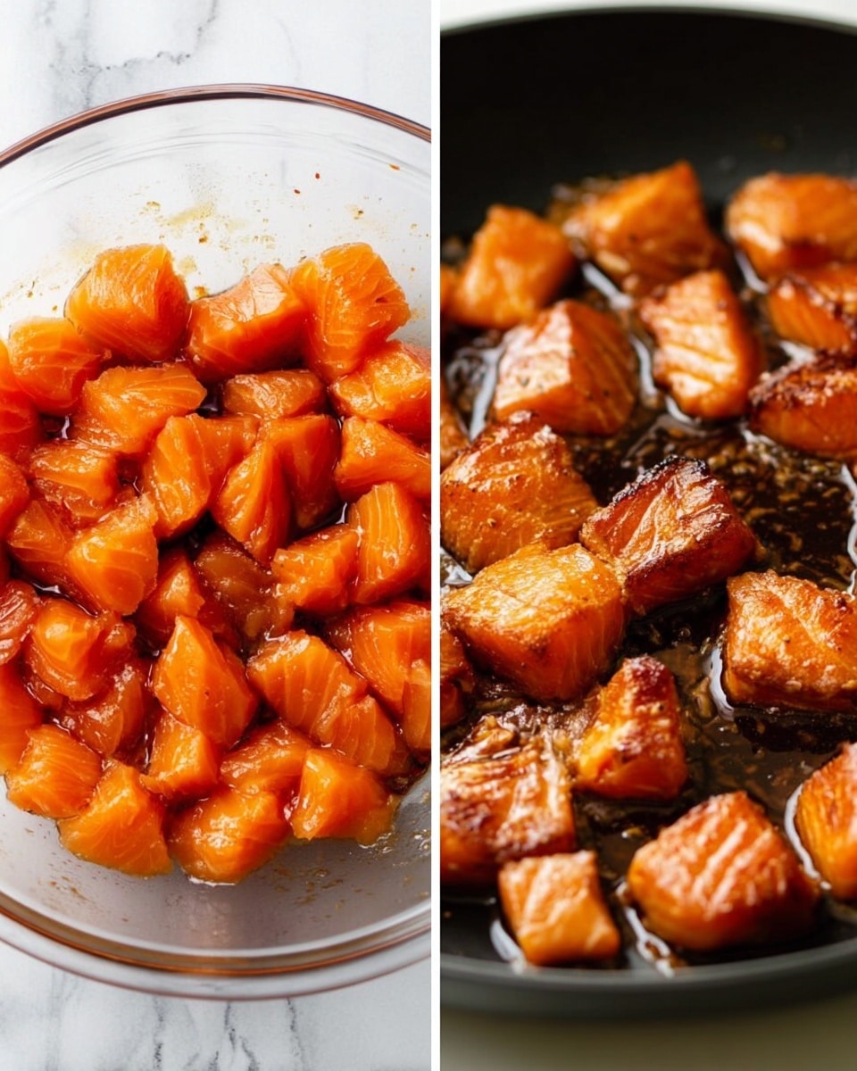 The image shows two close-up views side by side. On the left, there is a clear glass bowl filled with bright orange raw salmon pieces, each irregularly shaped and coated with a dark reddish marinade, sitting on a white marbled surface. On the right, a black frying pan contains golden-brown cooked salmon chunks with caramelized edges, glistening with oil and a slightly crispy texture. The contrast between the raw marinated salmon and the cooked fish highlights the cooking process. Photo taken with an iphone --ar 4:5 --v 7