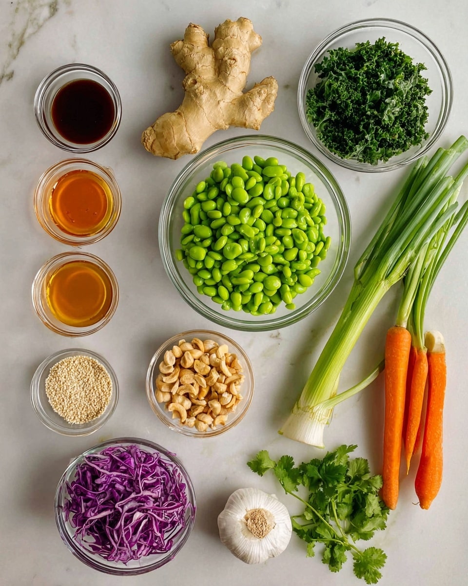 The image shows an arrangement of fresh ingredients on a white marbled surface. At the center, there is a glass bowl filled with bright green edamame. Surrounding it clockwise are a small glass bowl of light brown cashews, a small glass bowl of pale sesame seeds, a glass bowl with shredded purple cabbage, and a glass bowl filled with chopped dark green kale. To the right of the edamame, there are two whole orange carrots and three long green onions with white bulbs. Above these, there is a fresh piece of yellowish ginger root and a whole white garlic bulb. Next to the garlic is a small bunch of bright green cilantro leaves. On the upper left side, there are six small glass bowls arranged in two columns, containing different sauces and liquids in colors like light brown, dark brown, amber, bright orange, clear, and another amber shade. The overall scene is bright and clean with a focus on fresh, colorful ingredients photo taken with an iphone --ar 4:5 --v 7