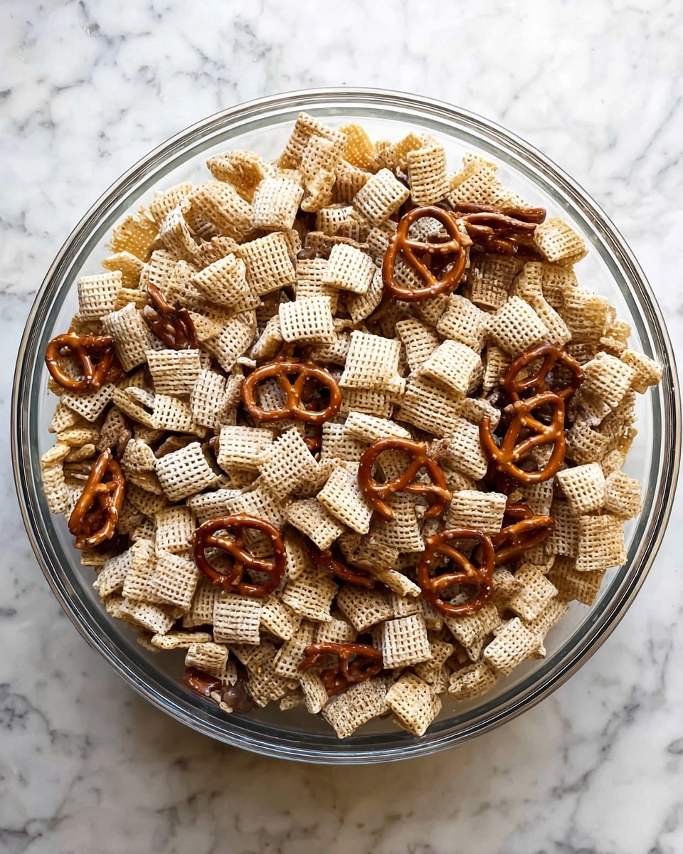 A clear glass bowl filled with a mix of square, light beige cereal pieces that have a slightly rough, woven texture, combined with broken dark brown pretzel pieces scattered evenly throughout. The bowl rests on a white marbled surface. The mixture fills the bowl almost to the top, showing a nice balance between the cereal and pretzel pieces. Photo taken with an iphone --ar 4:5 --v 7