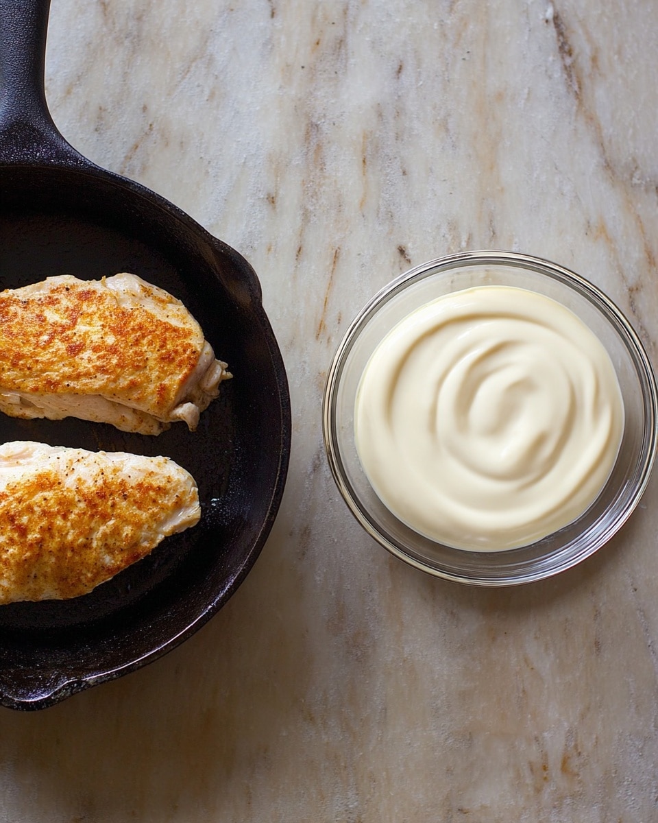The image shows two cooked chicken pieces in a black cast iron pan on the left side, with the chicken having a light golden-brown color and a slightly textured surface. On the right side, there is a clear glass bowl filled with smooth, creamy white sauce that has a swirl pattern on the top. Both items are placed on a white marbled texture surface. photo taken with an iphone --ar 4:5 --v 7