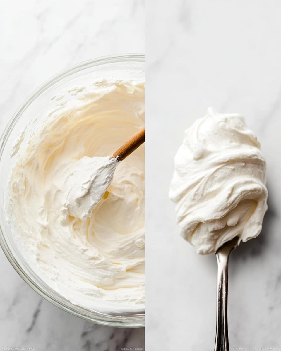 The image shows two parts side by side; on the left is a clear glass bowl filled with soft, white whipped cream, thick and fluffy with a slight cream hue, being mixed by a wooden spatula. The texture looks smooth and airy. On the right side, a silver spoon holds a dollop of the same whipped cream, with visible swirls and peaks, resting on a white marbled surface. The focus highlights the fresh, light texture of the cream. photo taken with an iphone --ar 4:5 --v 7
