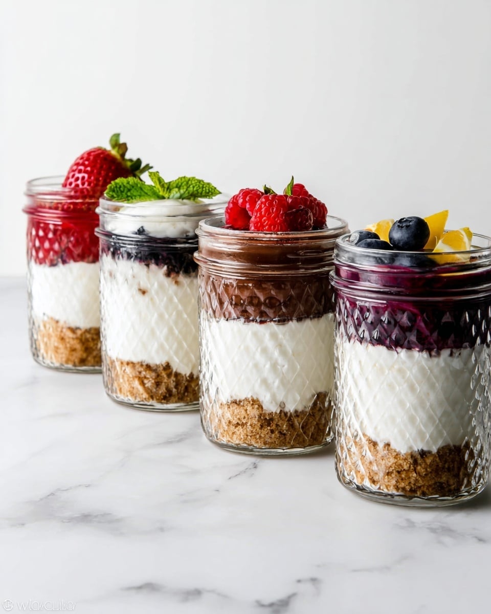 Five clear glass jars are placed in a row on a white marbled surface, each filled with three visible layers. The bottom layer is light brown and crumbly, looking like crushed cookies, the middle layer is thick, white, and creamy, and the top layer varies by jar: two have a red berry sauce, one with a strawberry on top, one has a dark chocolate layer with a red raspberry and green mint leaf, and two others have a dark purple berry sauce with small yellow lemon wedges or blueberries. The jars have a diamond pattern texture on the glass, and the background is plain white. Photo taken with an iphone --ar 4:5 --v 7