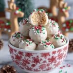 Christmas Rice Krispie Treats Balls with White Chocolate and Festive Nonpareils Recipe