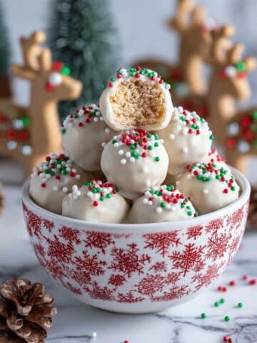 Christmas Rice Krispie Treats Balls with White Chocolate and Festive Nonpareils Recipe