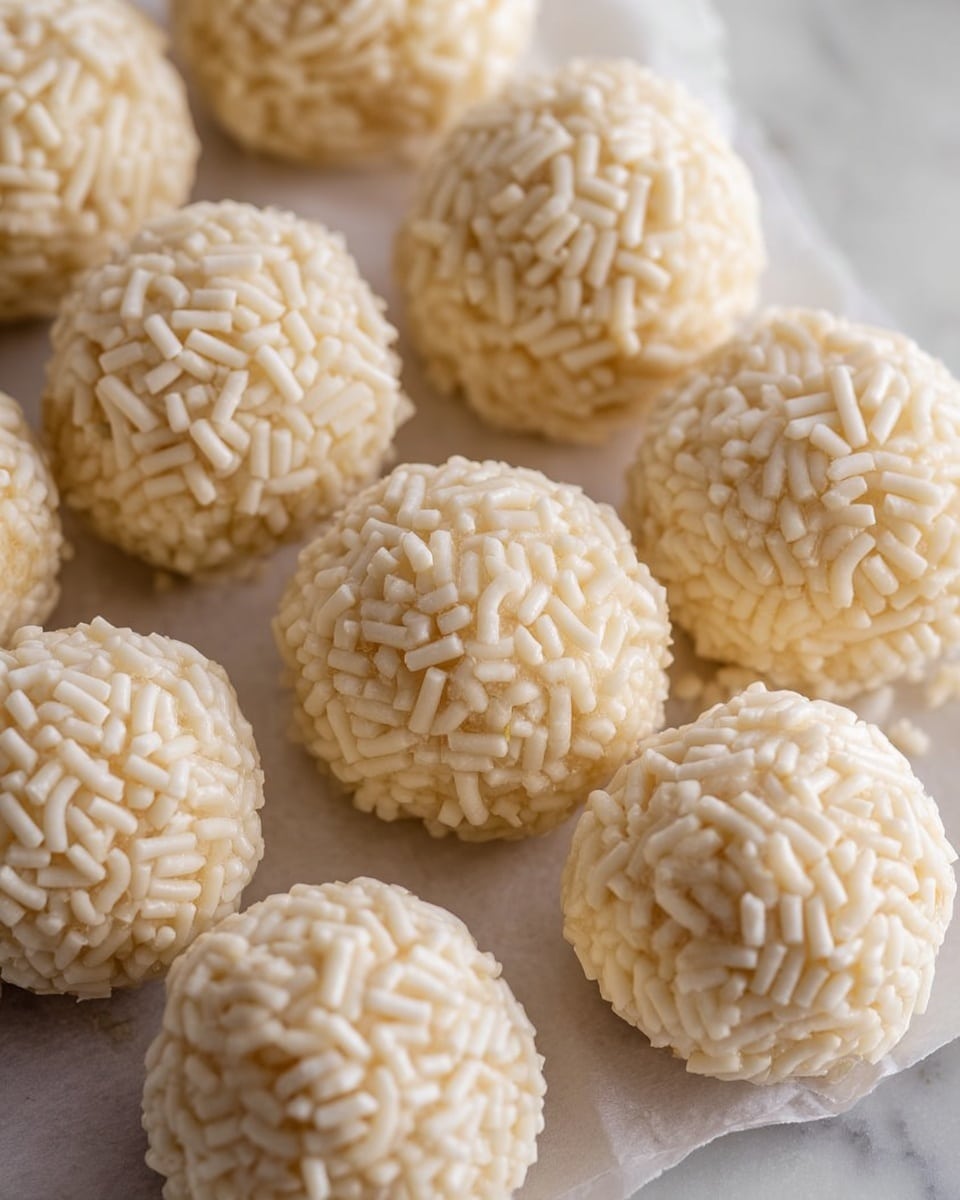 A close-up view of a group of round treats, each covered fully with small, white cylindrical sprinkles. There are about twelve of these balls, all arranged neatly on a sheet of white parchment paper, which is placed on a white marbled surface. The balls have a bumpy texture from the sprinkles, and the color is a pale creamy white. The lighting is soft, highlighting the texture and making the sprinkles stand out clearly. Photo taken with an iphone --ar 4:5 --v 7