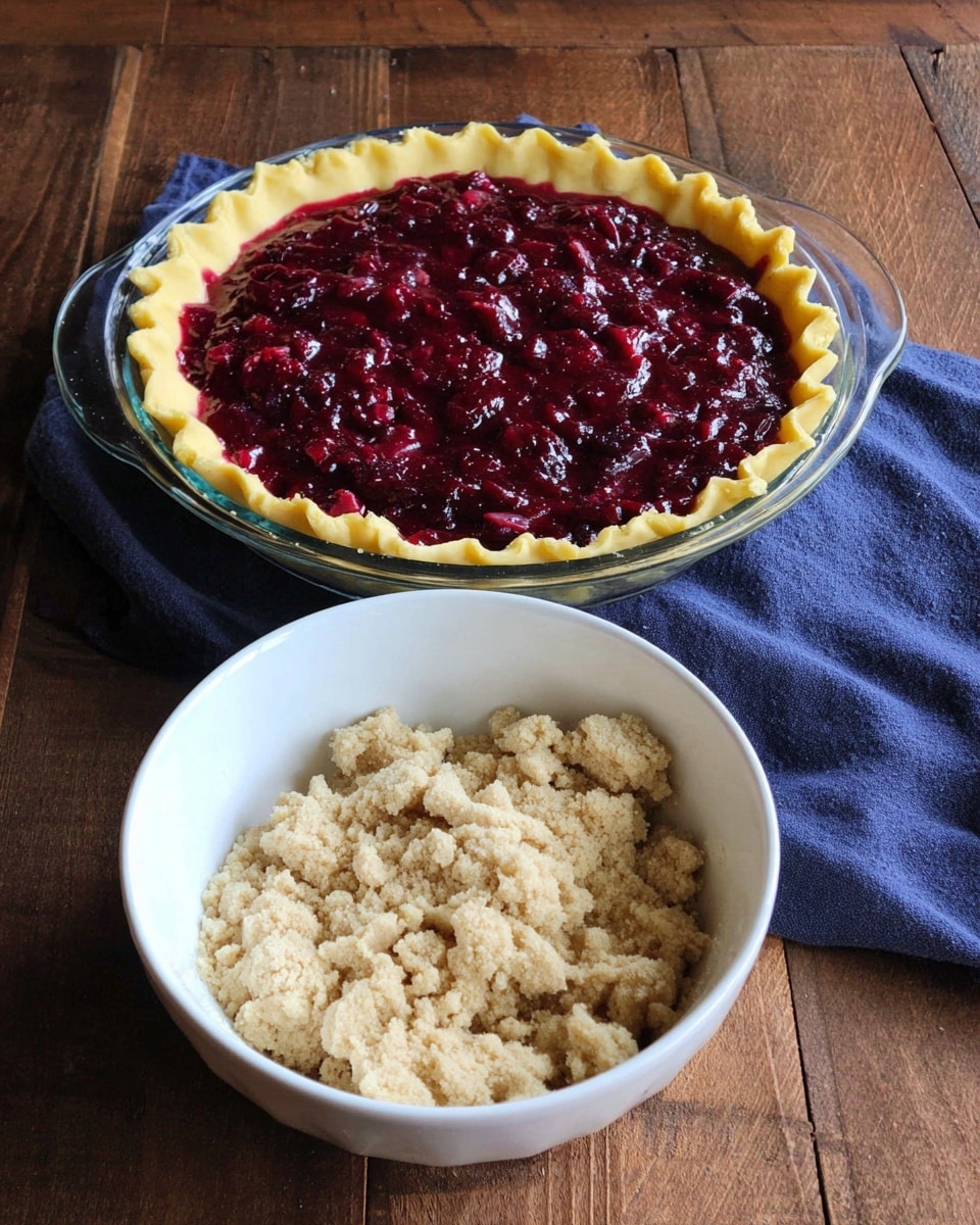 A clear glass pie dish holds a pie with a yellow crust edge and a deep red, chunky fruit filling spread evenly inside. Below it, there is a white bowl filled with light brown crumbly dough pieces. Both dishes rest on a wooden surface with a navy blue cloth folded beside them. photo taken with an iphone --ar 4:5 --v 7