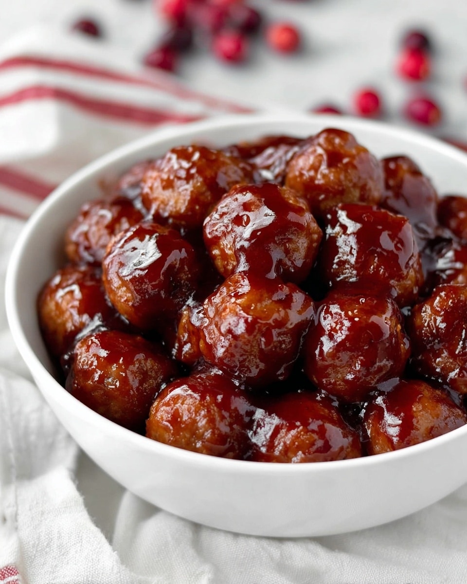 A white bowl full of small round meatballs covered in thick, shiny reddish-brown sauce. The meatballs are tightly packed inside the bowl, each one coated evenly with the sauce that gives them a glossy look. The bowl sits on a white marbled surface with a soft focus background showing scattered red cranberries and a white cloth with red stripes. The colors are warm with red and brown tones from the meatballs and sauce. photo taken with an iphone --ar 4:5 --v 7
