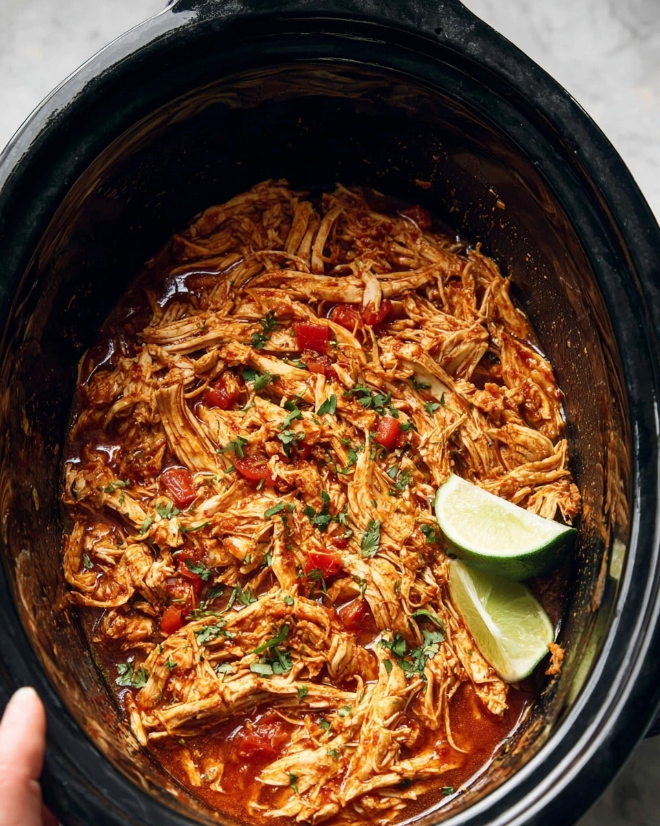 A white plate holds a base layer of fluffy white rice, topped with a generous layer of shredded cooked chicken mixed with small pieces of red and green peppers and herbs, giving the chicken a reddish-brown and colorful texture. The chicken is slightly saucy and garnished with thin strands of white cheese scattered on top. Two lime wedges rest on the edge of the plate, one at the top and one on the right side. The plate sits on a white marbled surface with scattered chopped green herbs around it. Photo taken with an iphone --ar 4:5 --v 7